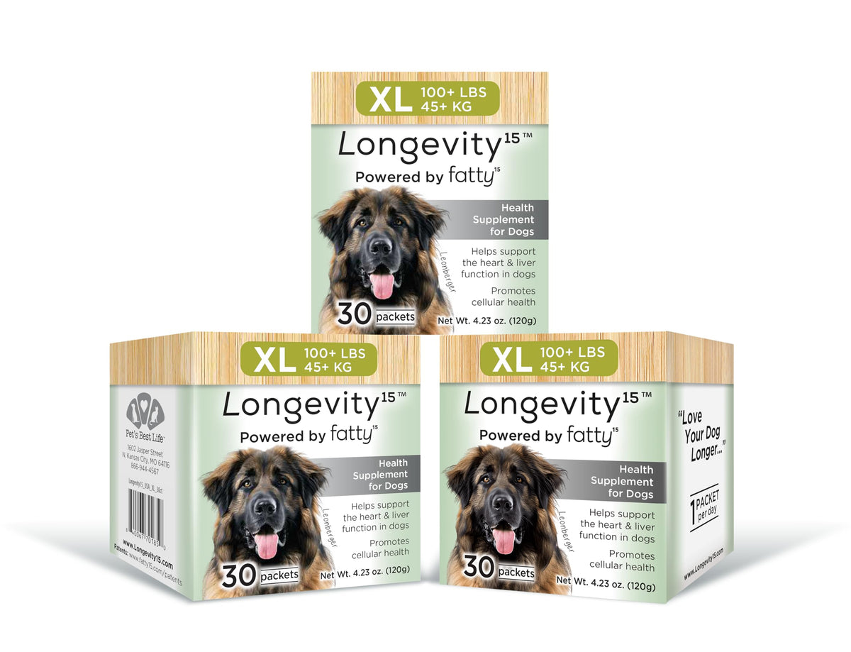 Longevity15 de Yummy Combs, bouteille avec étiquette lisible, soutien potentiel à la vitalité canine.