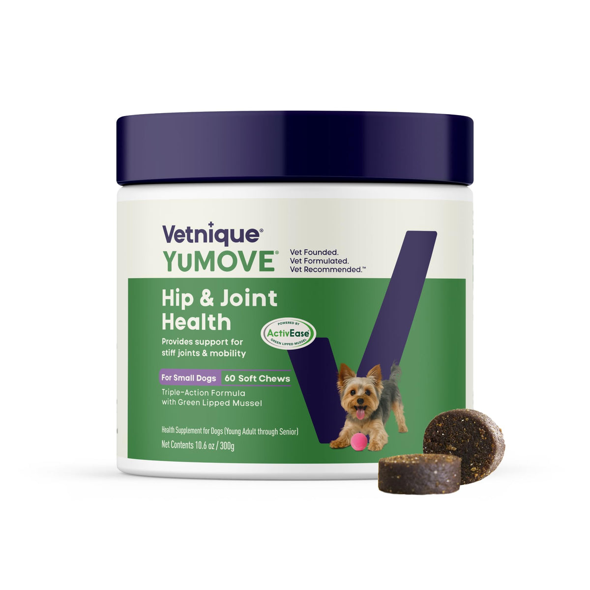 YuMOVE friandises articulations chien présentées en bouteille, soutien quotidien potentiel.