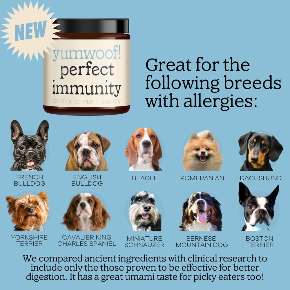Emballage Immunité Parfaite Yumwoof : informations claires et absence d'OGM.