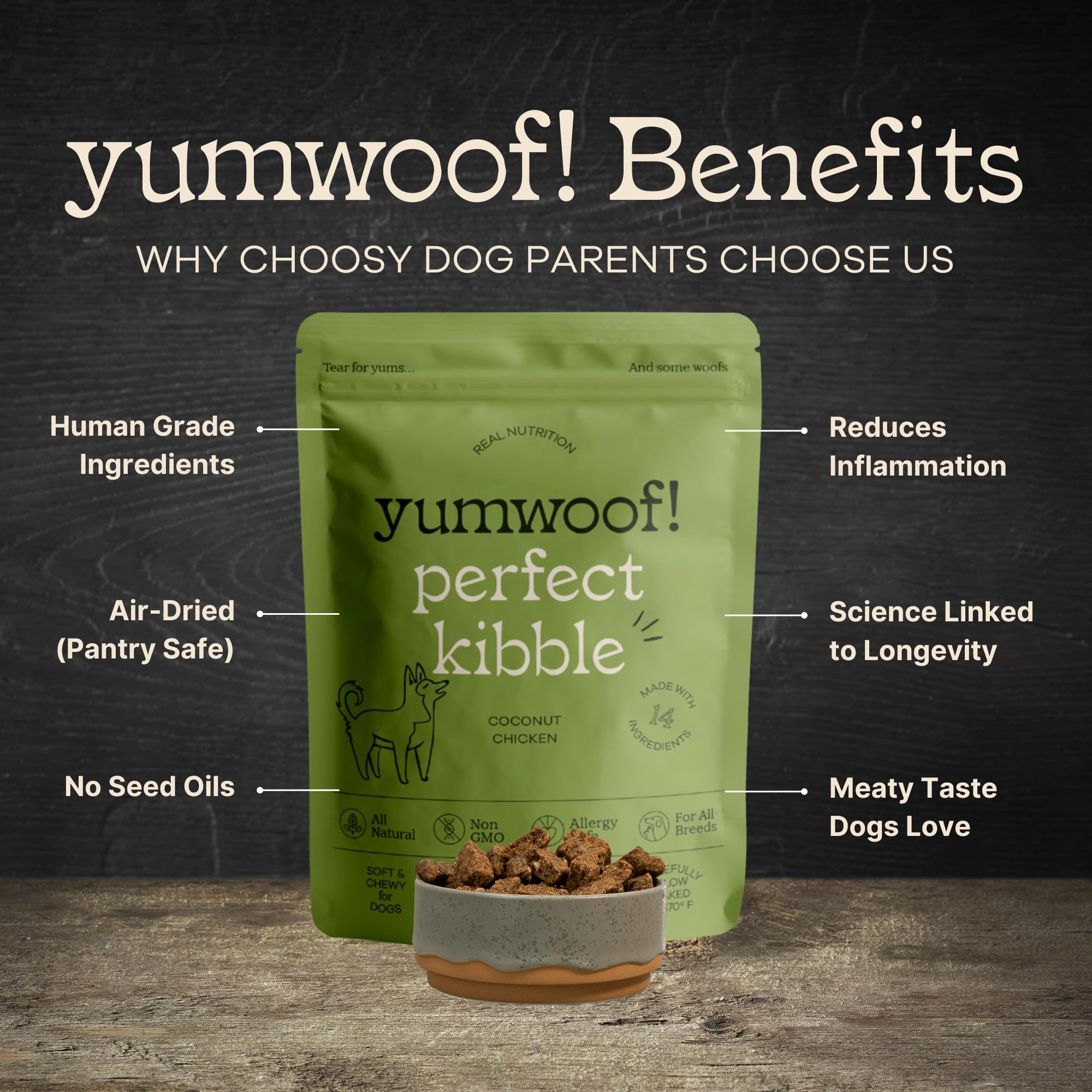 Bol chien avec Yumwoof Perfect Kibble au poulet, texture croustillante et appétente.