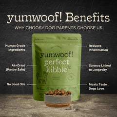 Bol chien avec Yumwoof Perfect Kibble au poulet, texture croustillante et appétente.