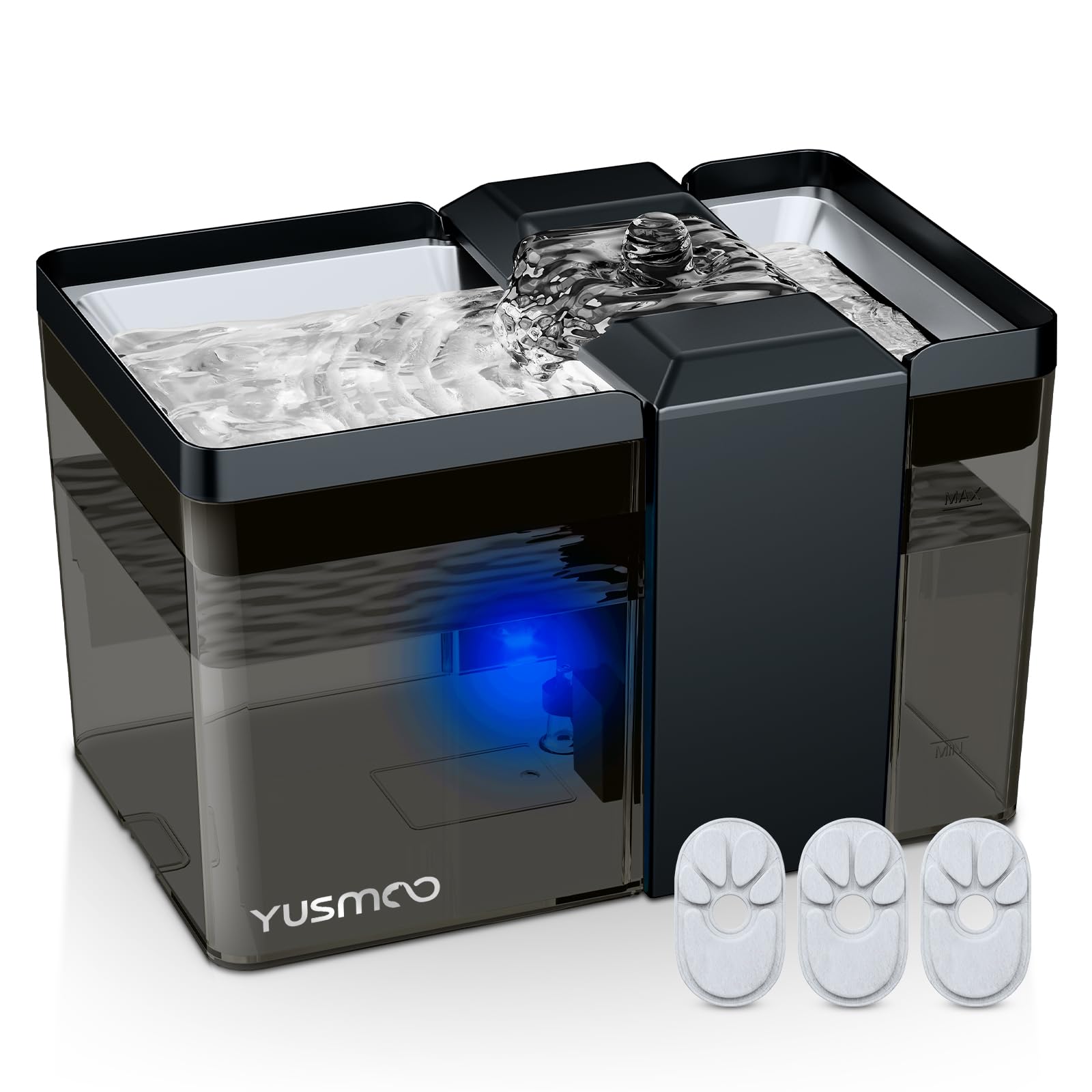 Fontaine YUSMOO pour chats avec arche-design, stabilité et sécurité lors des repas.