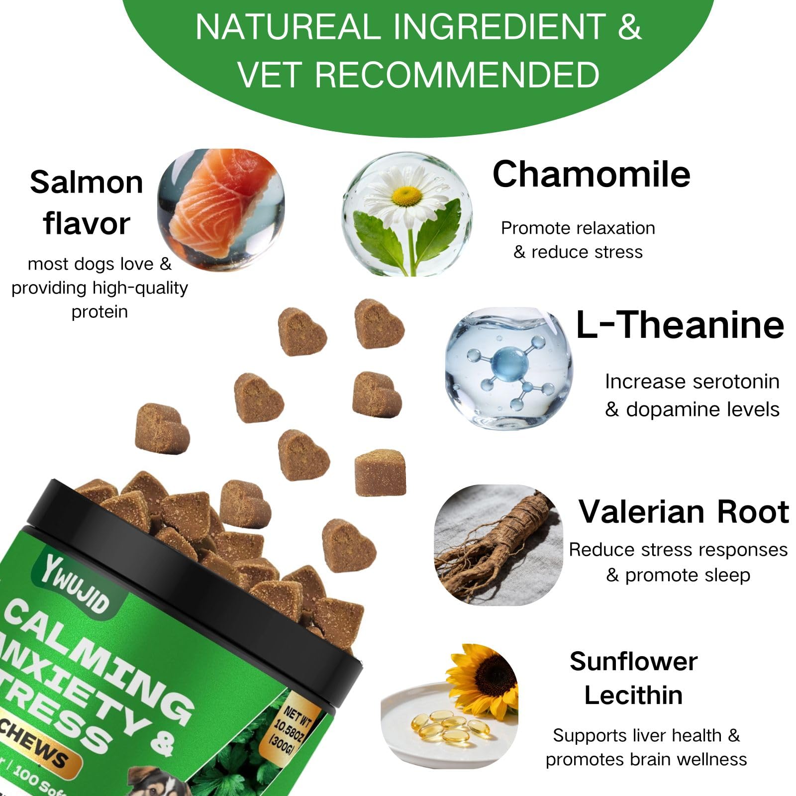 YWUJID friandises melatonine, équilibre émotionnel et bien-être du chien.