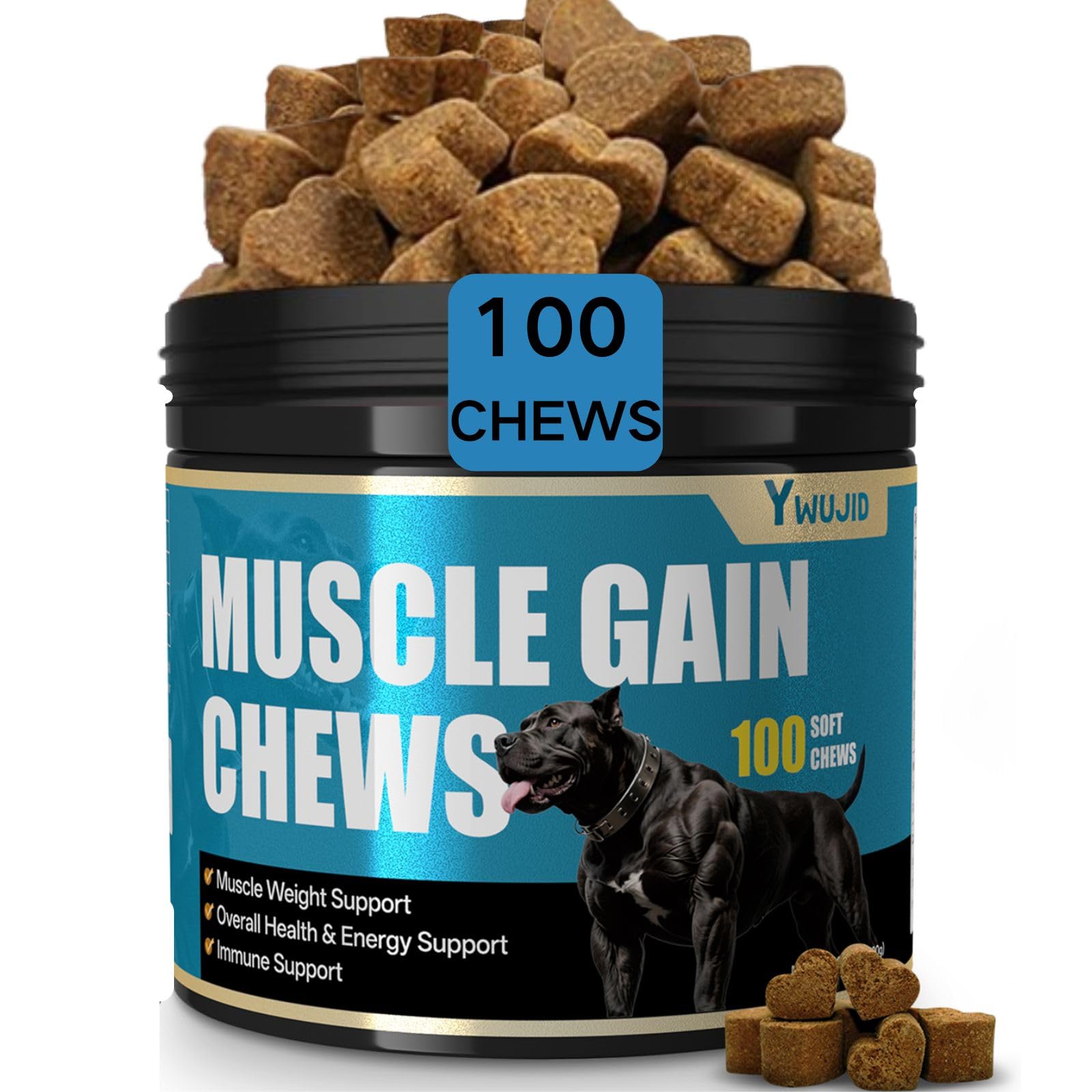 YWUJID Muscle Gain Chews, boîte pratique, soutient les muscles des chiens actifs.