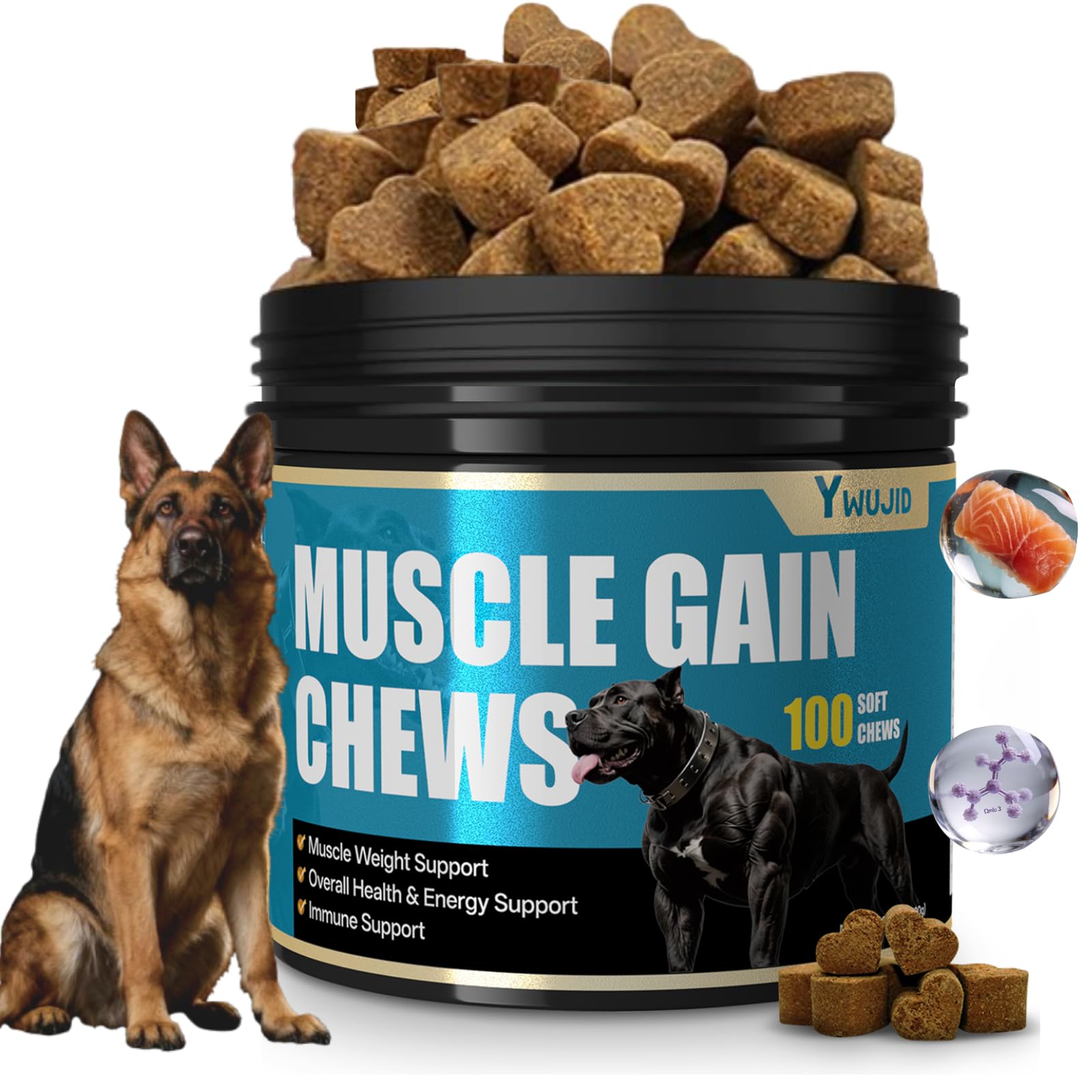Bouchées YWUJID Power Chews en bouteille prêt à l’emploi, favorisant le gain musculaire du chien.
