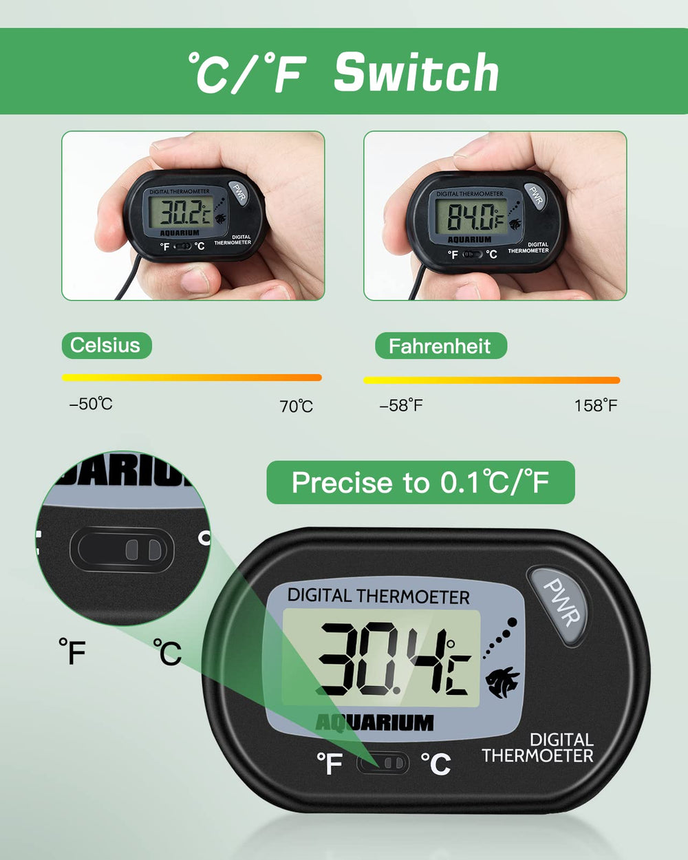 Zacro thermomètre utilisé avec ventouse pour fixation facile sur l'aquarium.