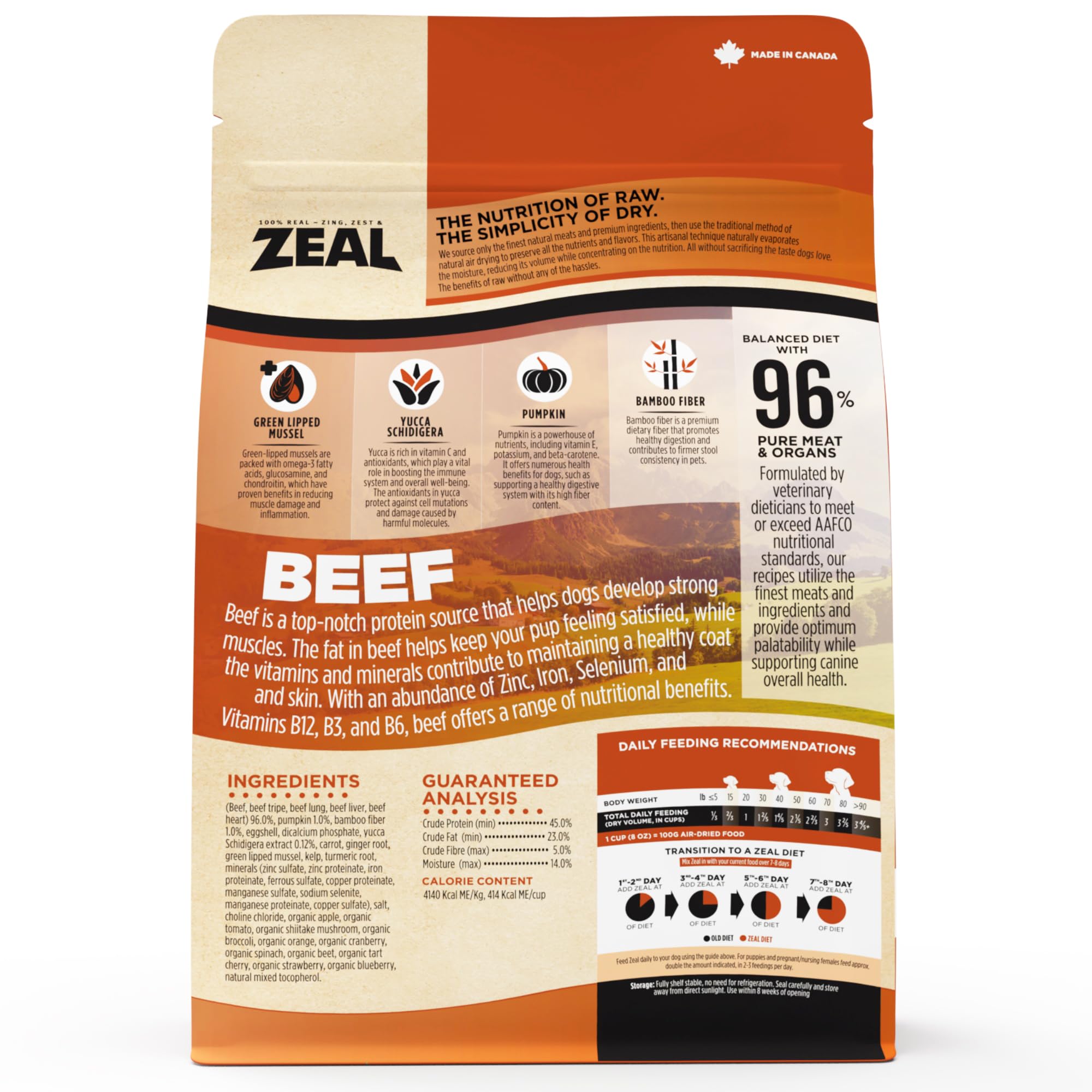 ZEAL Canada tripe-liver-heart, protéines de haute qualité pour chiens actifs.