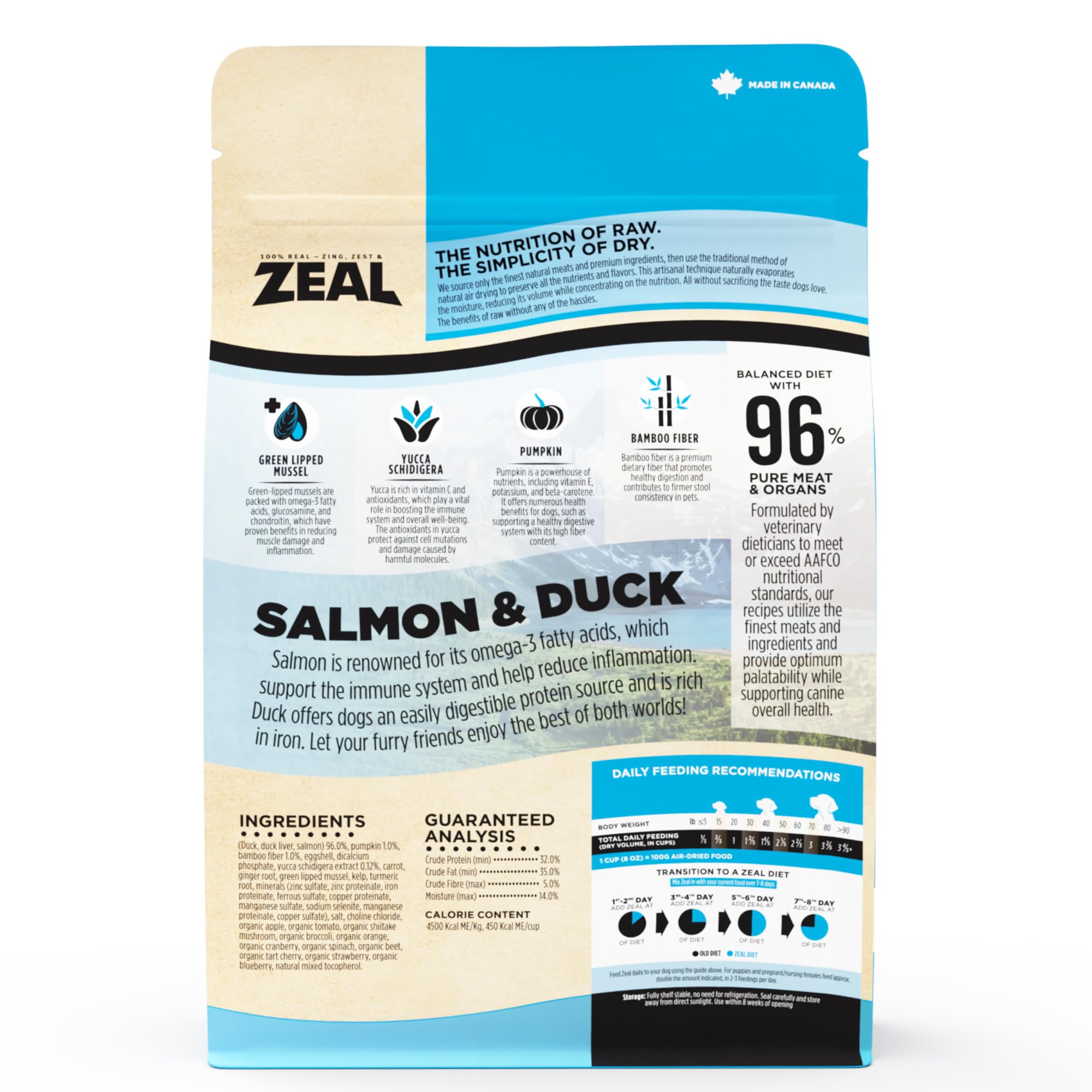 ZEAL Canada ingrédients: saumon, canard et foie pour une nutrition équilibrée.