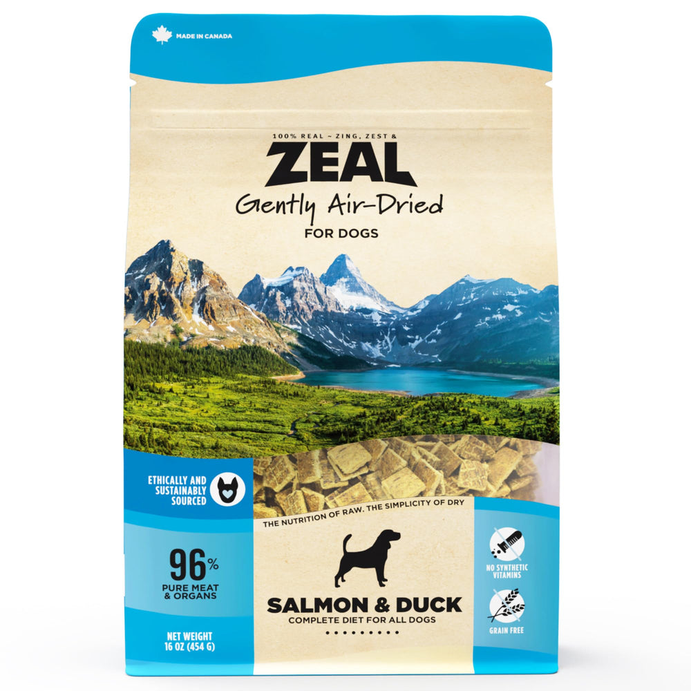ZEAL Canada emballage saumon et canard séchés à l’air, pratique et prêt à l’emploi.