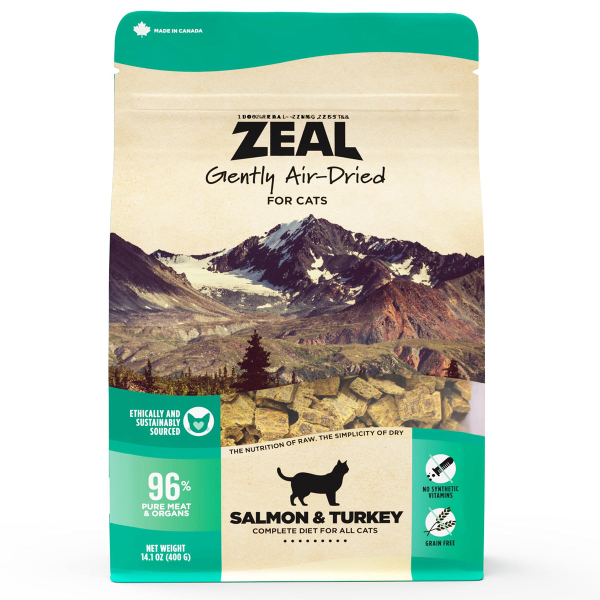 ZEAL Chat saumon-dinde air-seche, texture naturelle idéale pour régal quotidien.