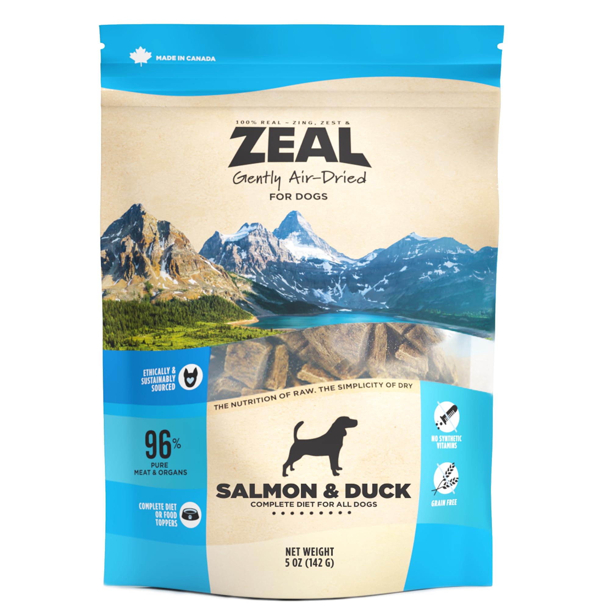 ZEAL saumon-canard chien emballage 5oz, portion pratique pour le repas.