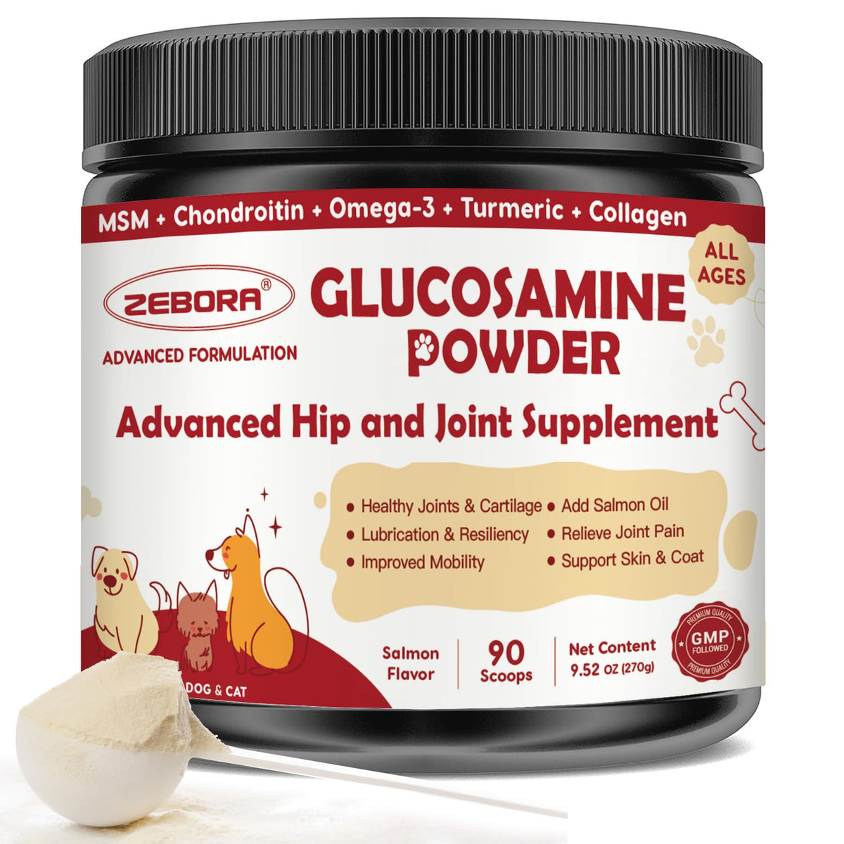 ZEBORA glucosamine pour chien en poudre, prêt à être mélangé pour soutenir la mobilité.