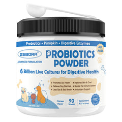 Poudre probiotique Zebora à la citrouille pour digestions plus douces chez le chien.