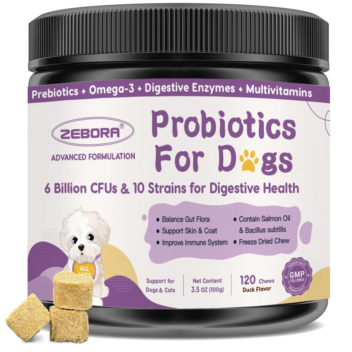 ZEBORA Probiotiques chien, 6 milliards CFU favorisent digestion équilibrée.