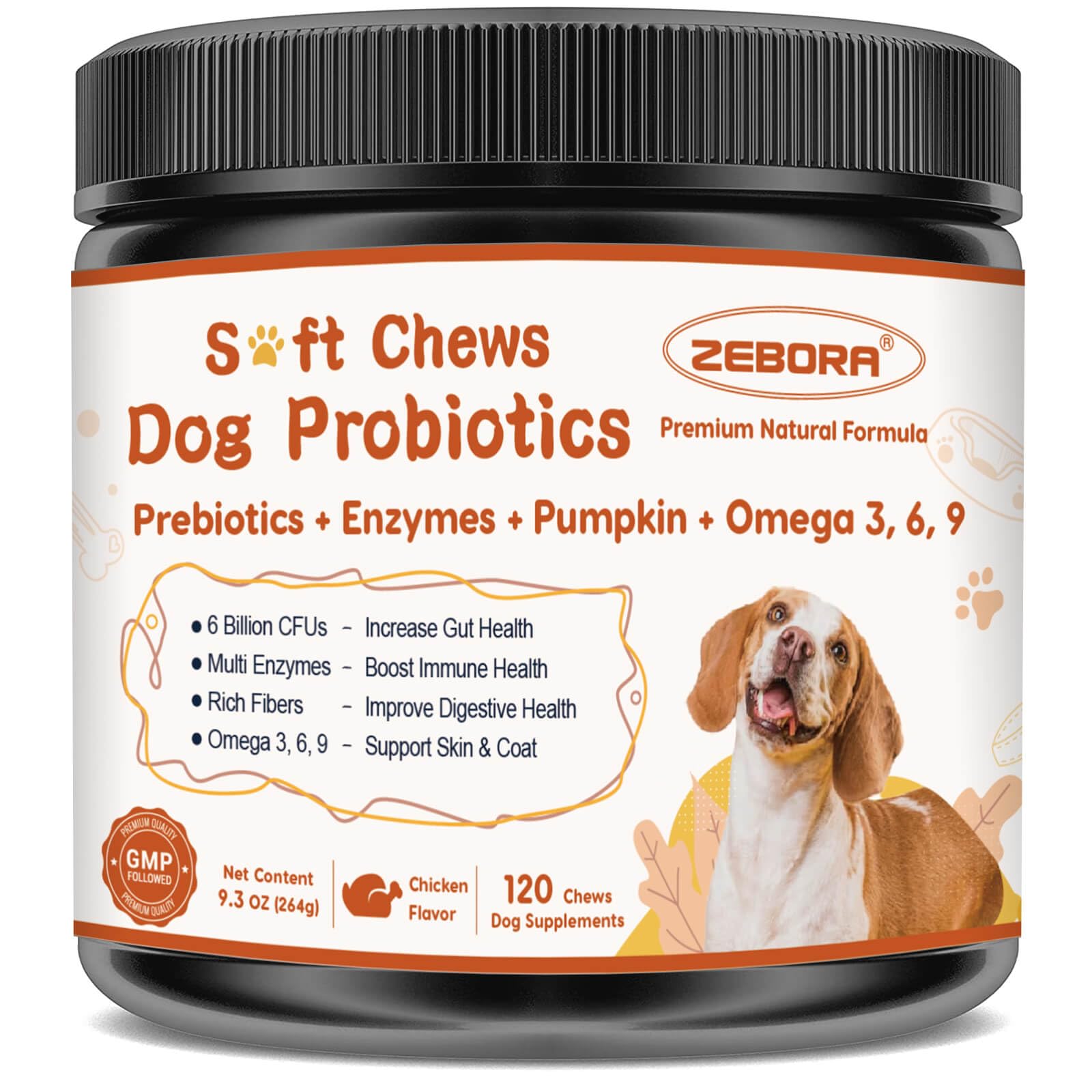 ZEBORA Probiotiques chien — bouteille de 120 friables pour digestion équilibrée et haleine fraîche.