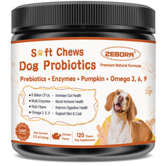 ZEBORA Probiotiques chien — bouteille de 120 friables pour digestion équilibrée et haleine fraîche.