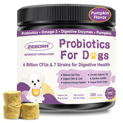 Bouteille ZEBORA probiotiques pour chien sur étagère, soutien digestif potentiel.