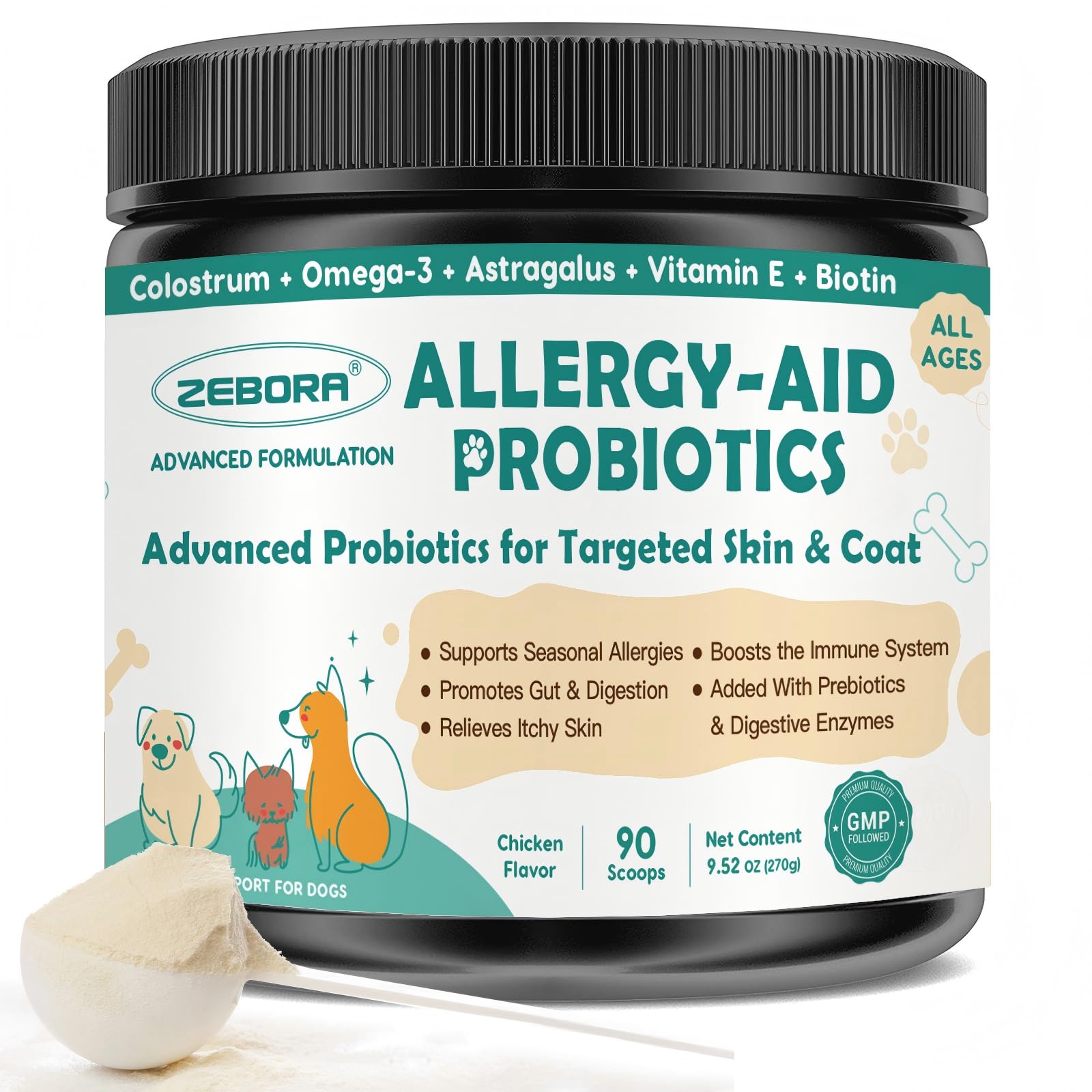 ZEBORA Probiotics pour chiens, bouteille avec colostrum et Omega-3, soutien digestion potentiel.