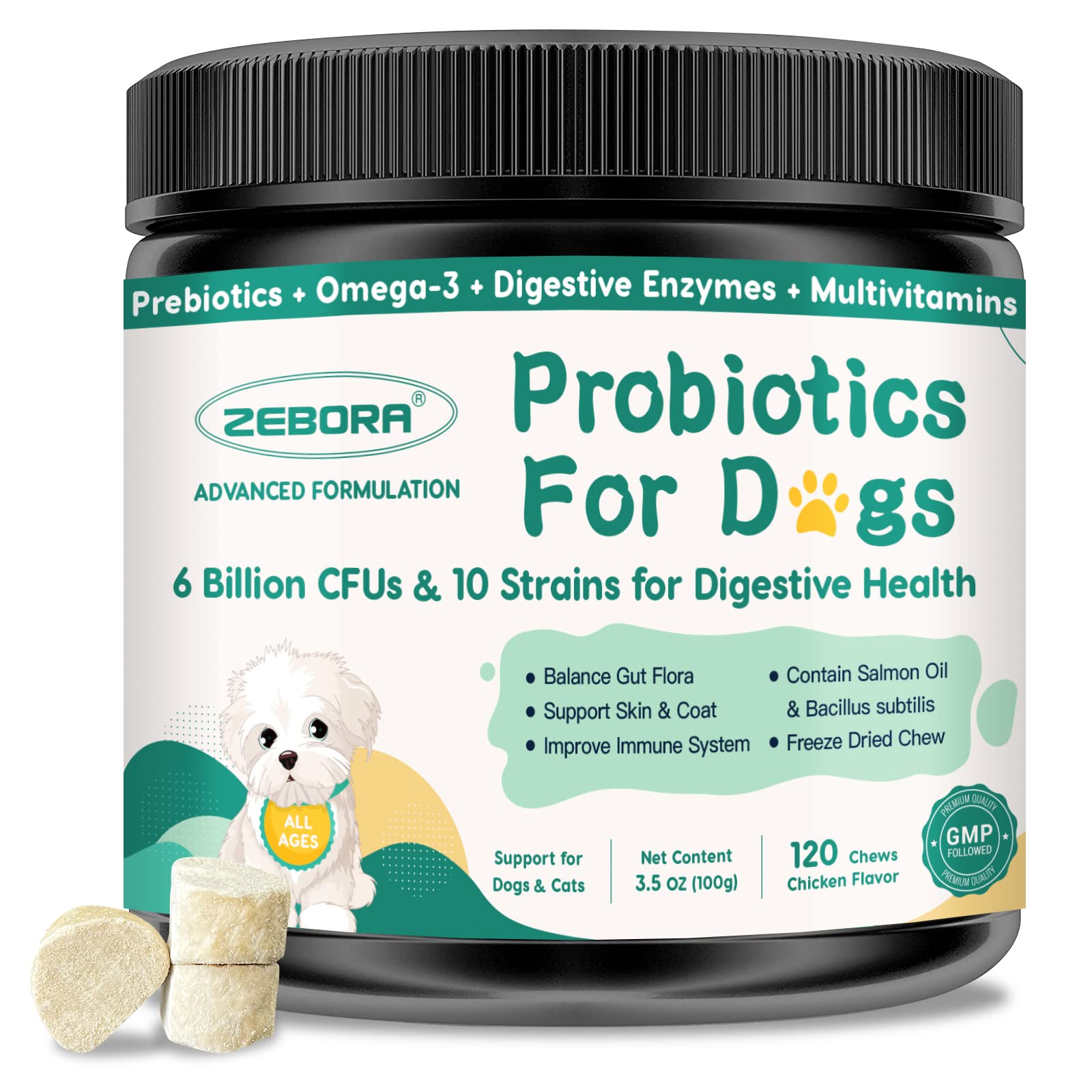 ZEBORA Probiotiques pour chiens – bouchées poulet, soutien digestif potentiel.