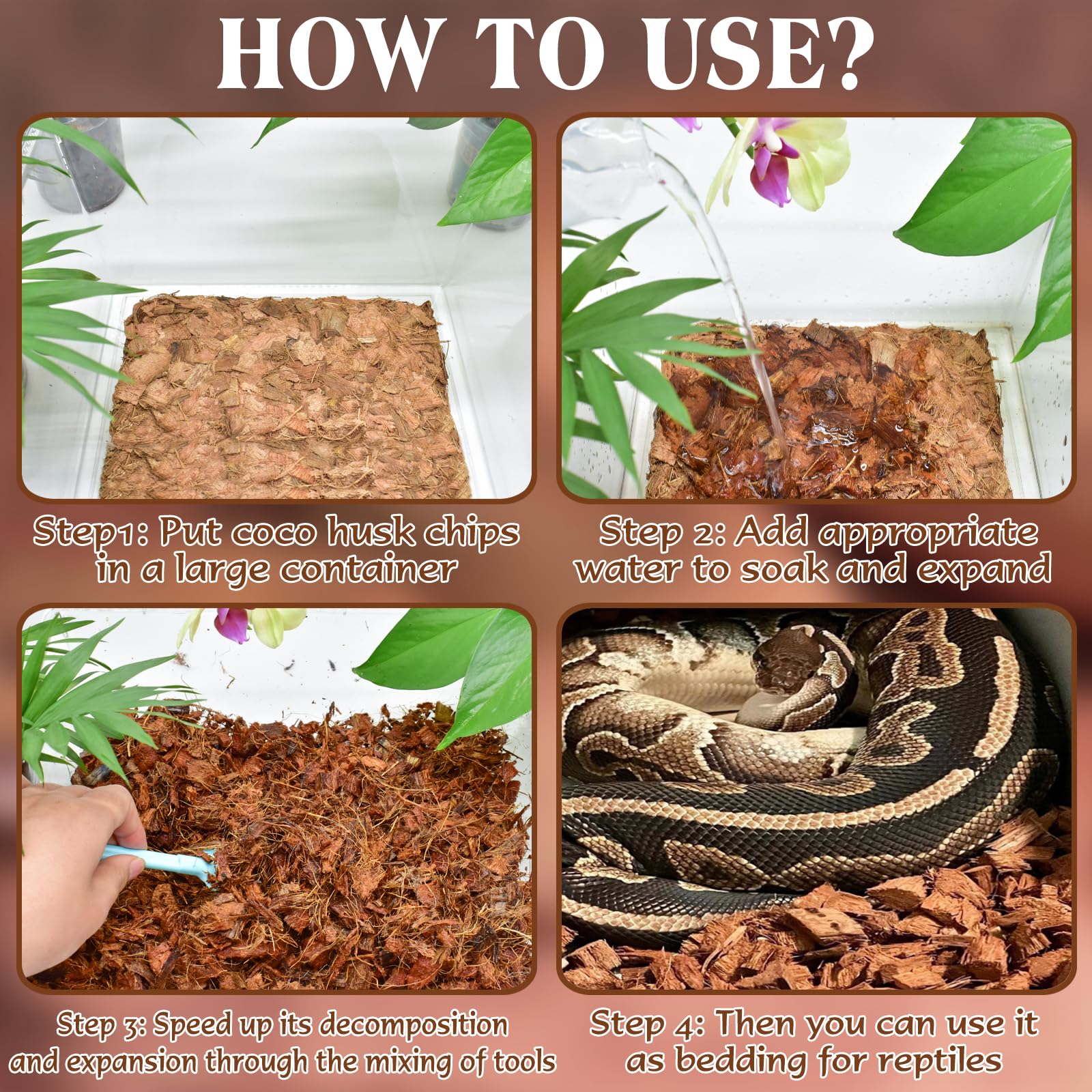 Habitat Reptiles Zeedix: substrat coco sûr et confortable pour reptiles.