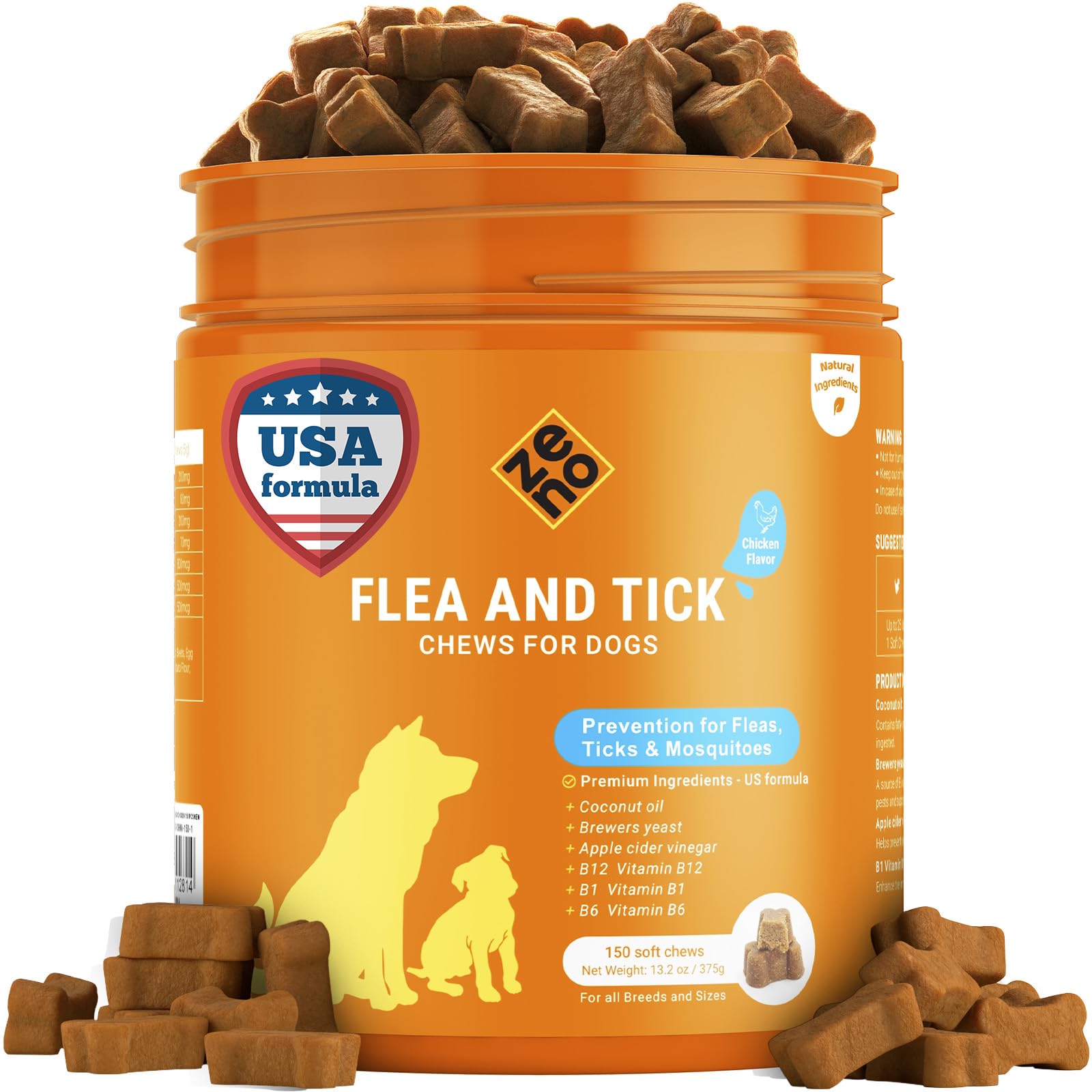 La bouteille ZENO montre les comprimés, pratique pour prévenir puces et tiques chez les chiens.