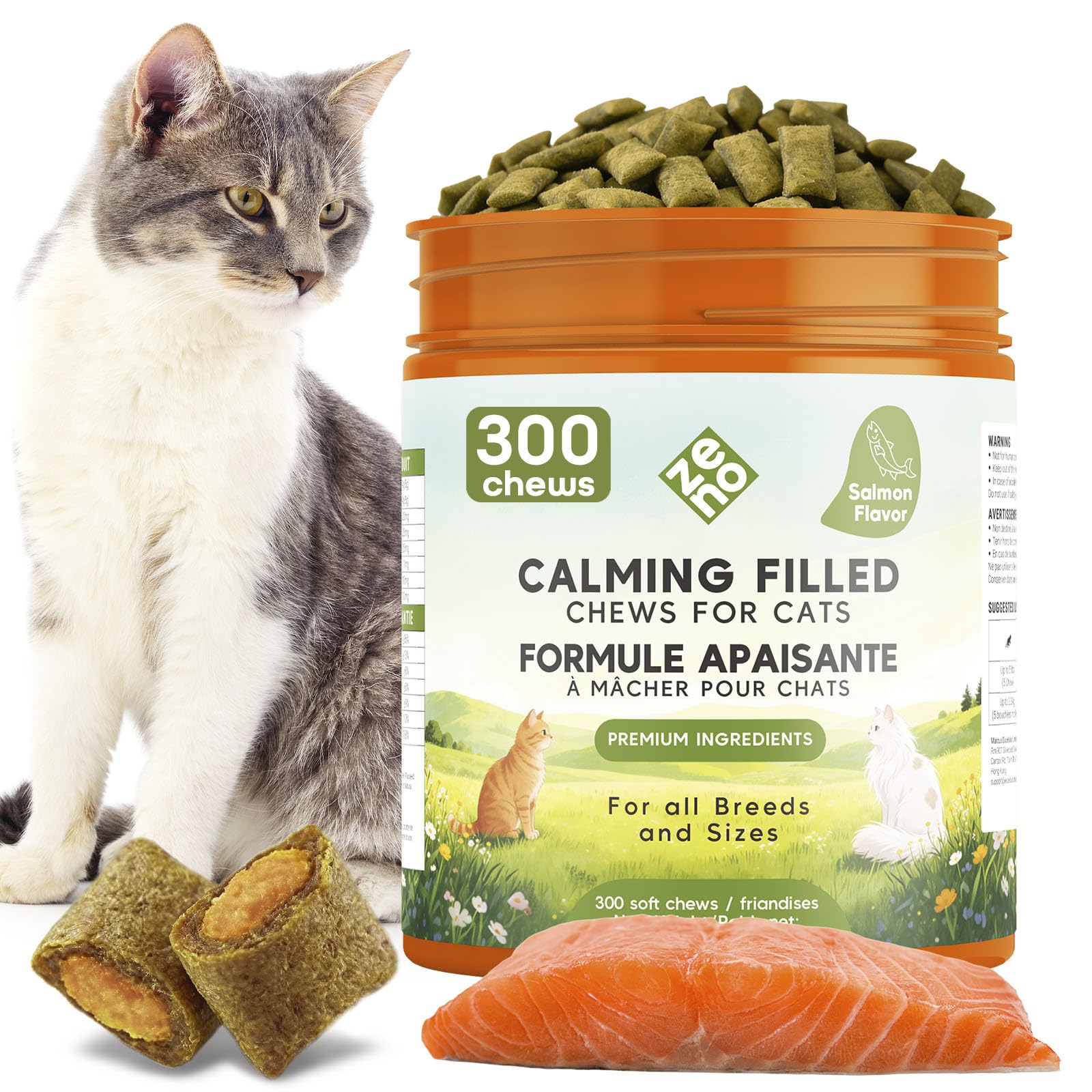 ZENO Hemp Calming Chews chat saumon bouchée – apaise l’anxiété lors des orages.