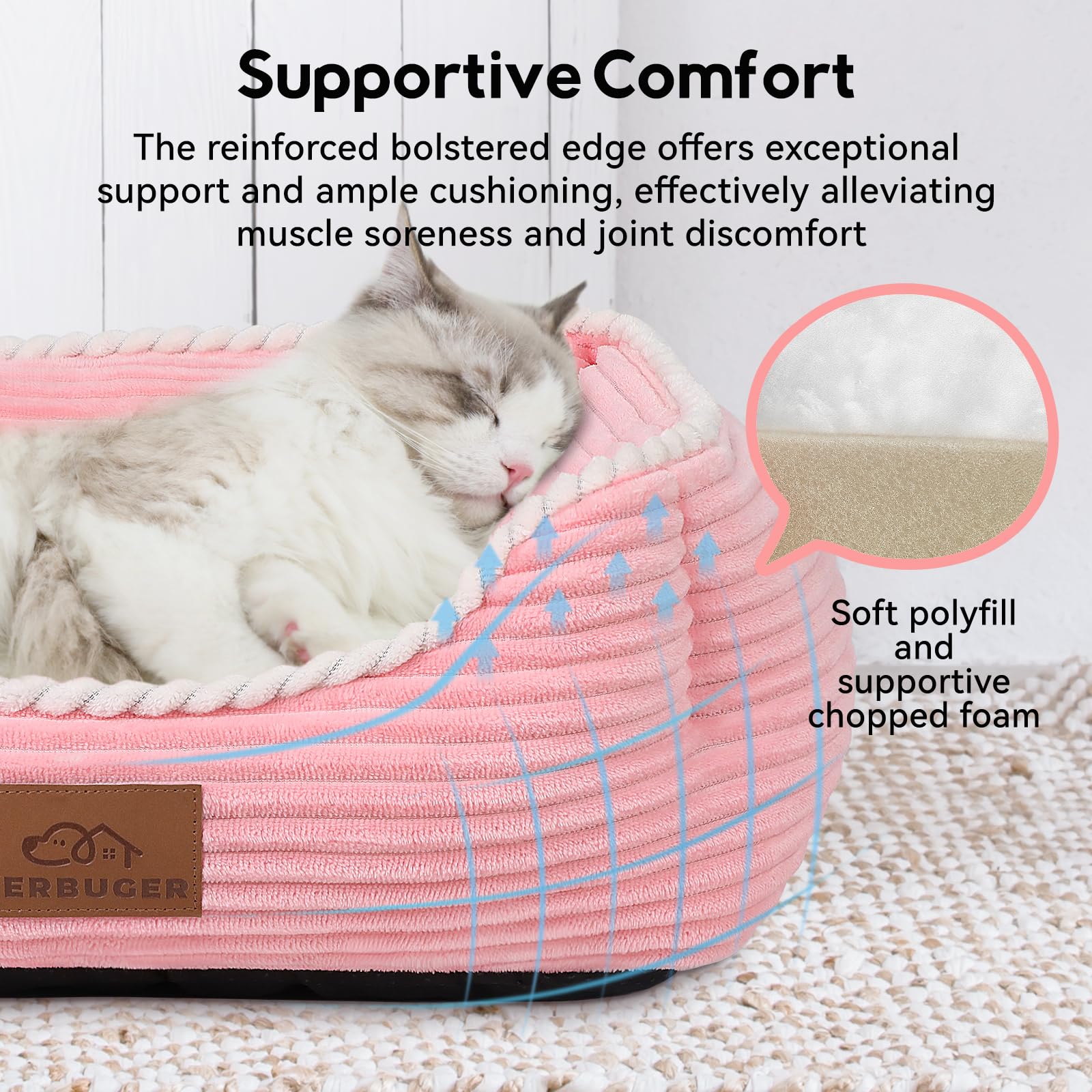 Zoom sur le rembourrage et le tissu rose du coussin Zerbuger.