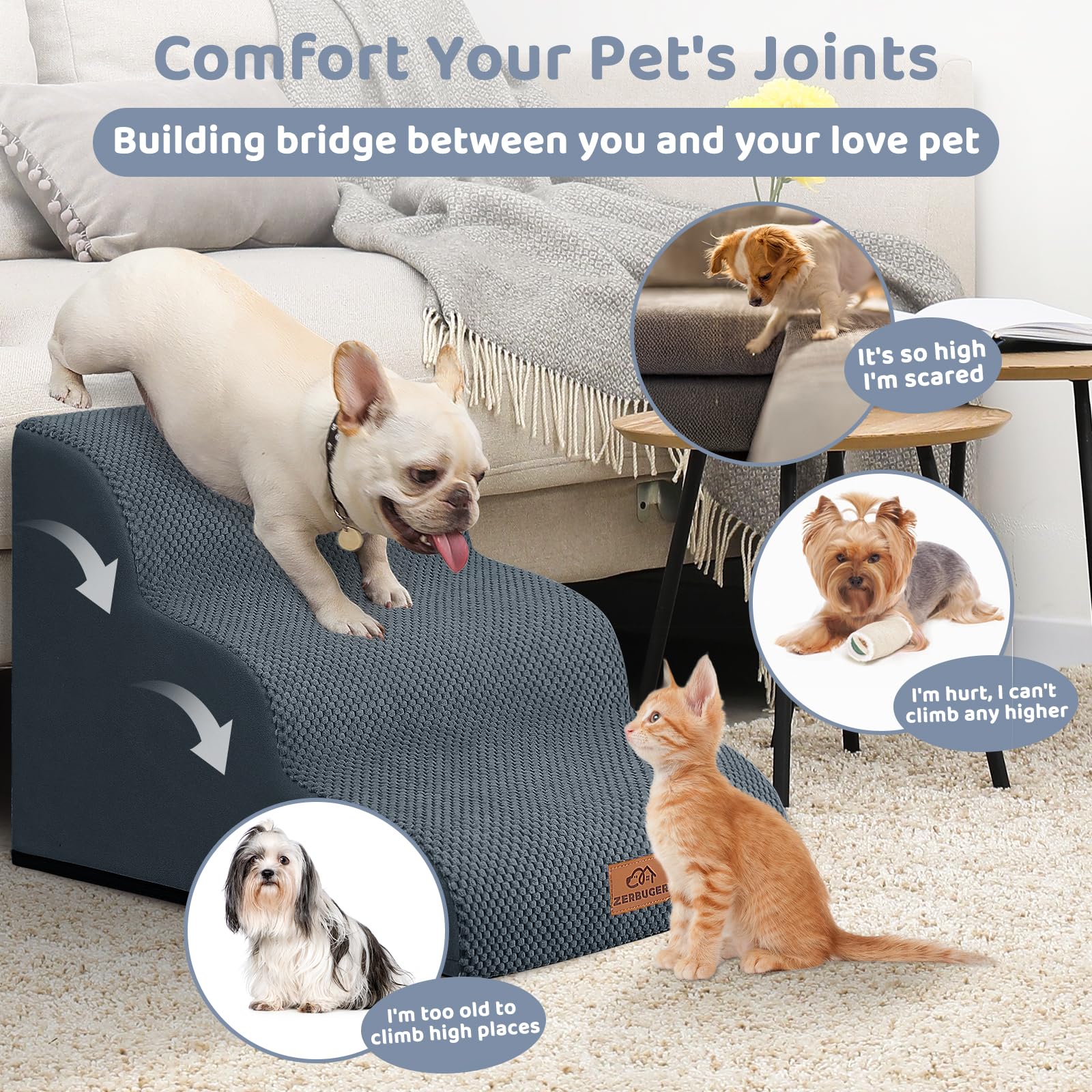 Escaliers Zerbuger pour chat sur canapé, traction et sécurité améliorées.