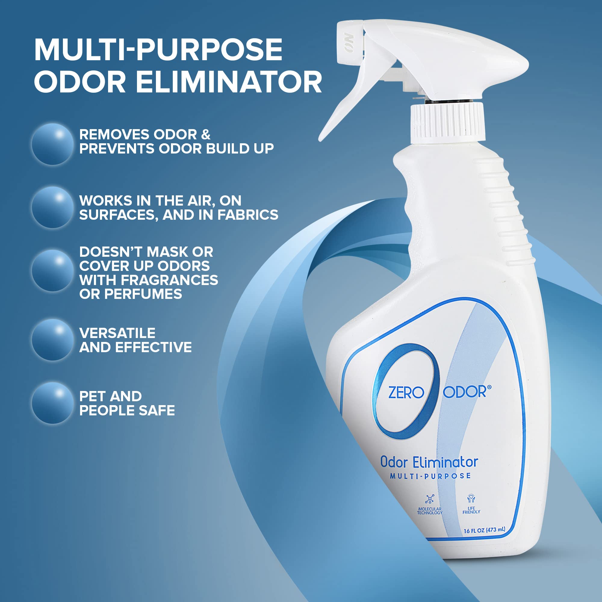 Zero Odor vaporisateur appliqué sur une surface, rafraîchissant l’air ambiant.