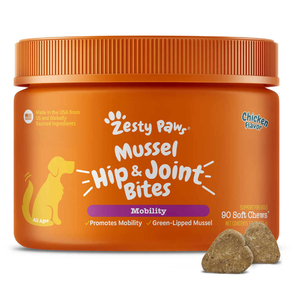 Zesty Paws Mussel Mobility Bites, emballage avant, soutien mobilité canines.
