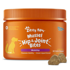 Zesty Paws Mussel Mobility Bites, emballage avant, soutien mobilité canines.