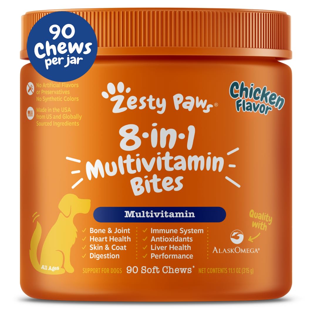 Zesty Paws bouchées-multivitamines, emballage clair, idéal pour chiens et chiots.