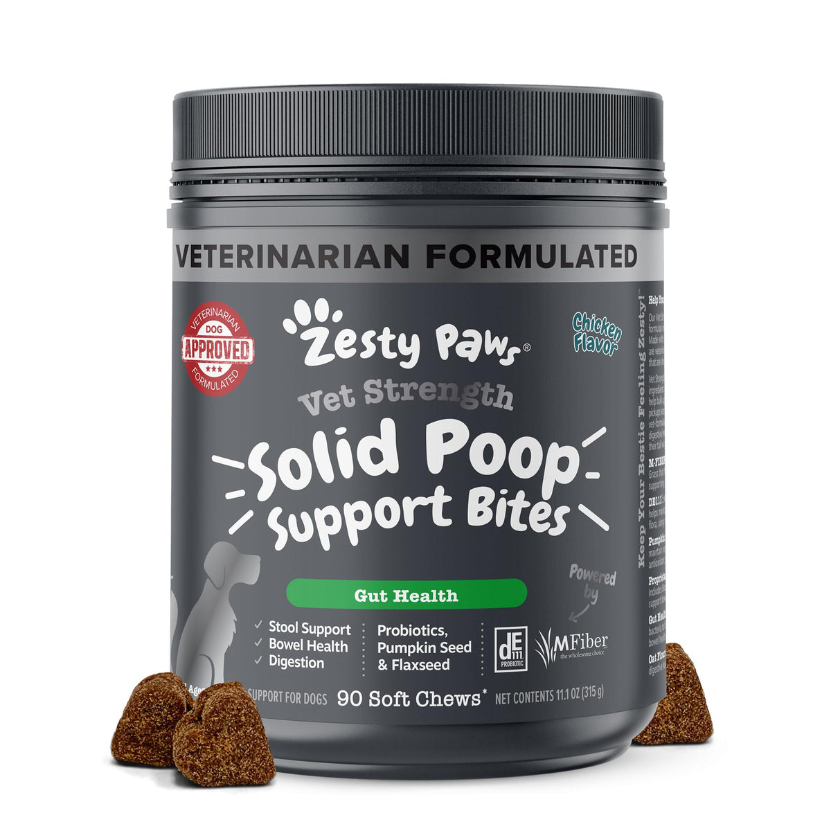 Zesty Paws Solid Poop Support Bites sur emballage, pratique et informatif.