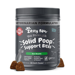 Zesty Paws Solid Poop Support Bites sur emballage, pratique et informatif.