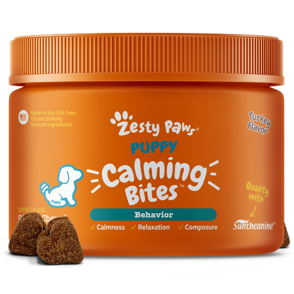 Zesty Paws Calming Chews – bouteille et bouchées au dindon pour caler le stress quotidien des chiots