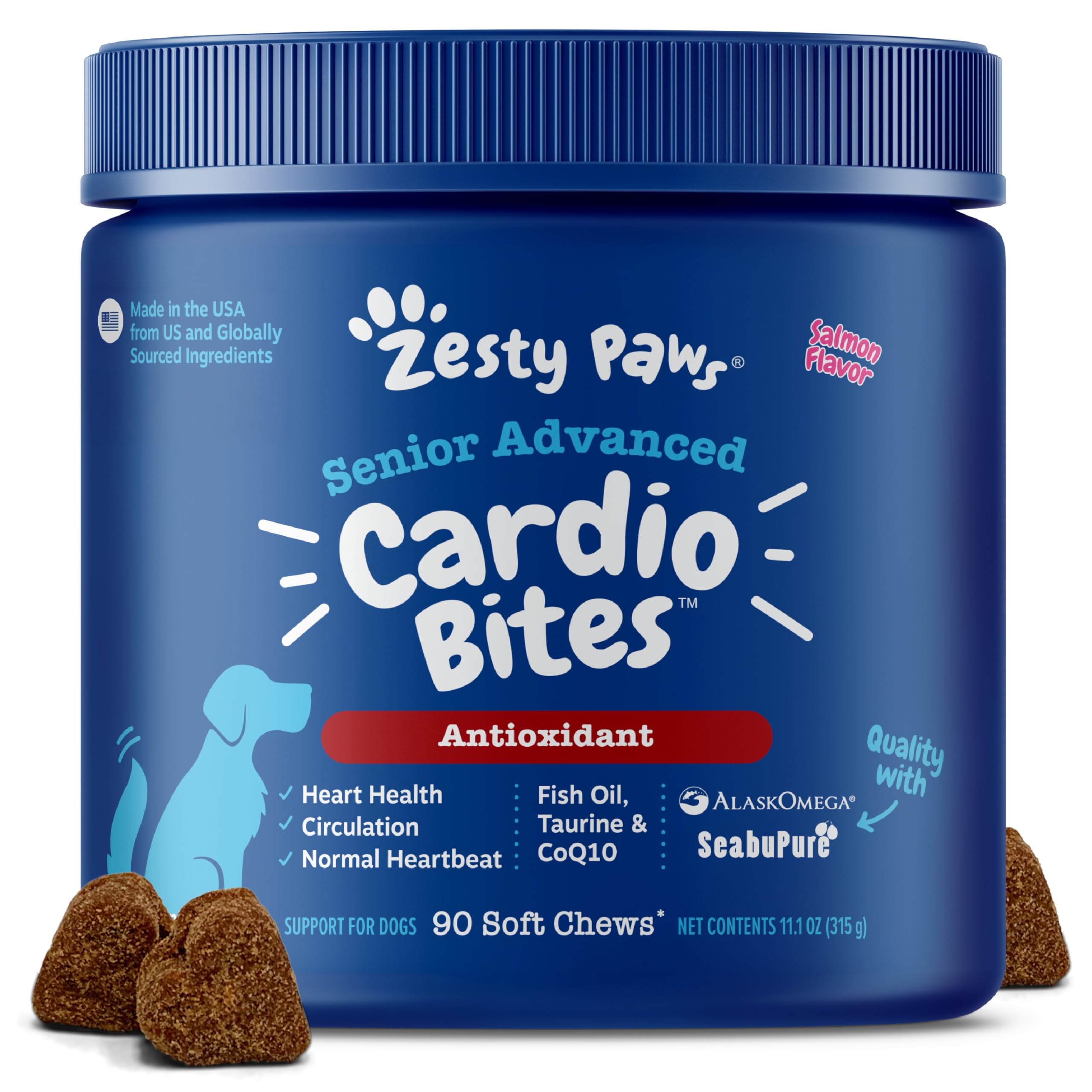 Boîte Zesty Paws Cardio Bites pour chiens seniors, soutien potentiel du cœur.