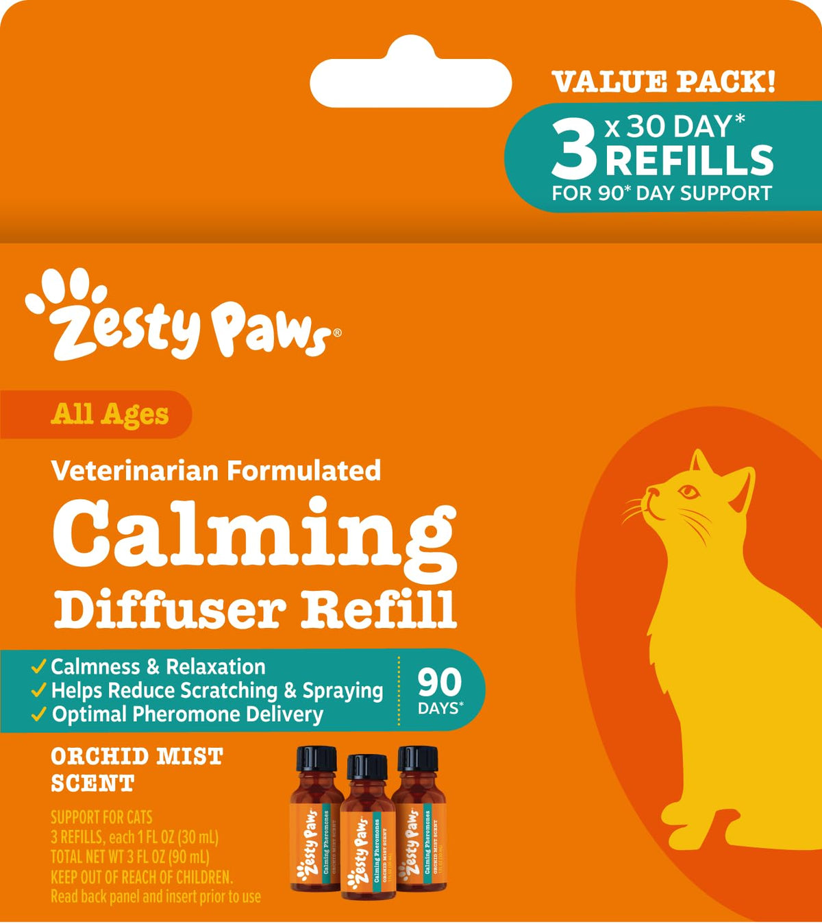 Diffuseur calme Zesty Paws pour chat, branché sur prise, ambiance apaisante quotidienne.