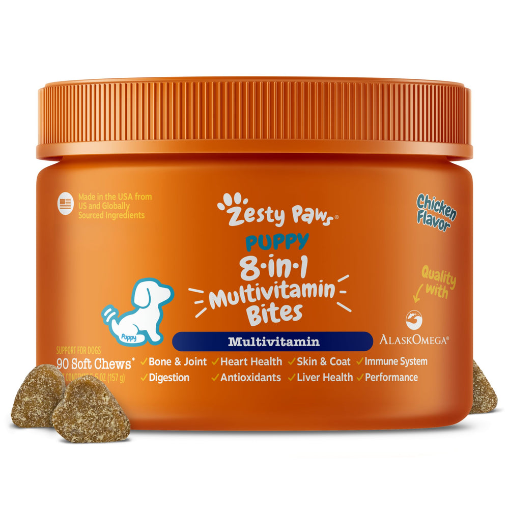 Bouteille Zesty Paws Dog Multivitamin pour un soutien quotidien.