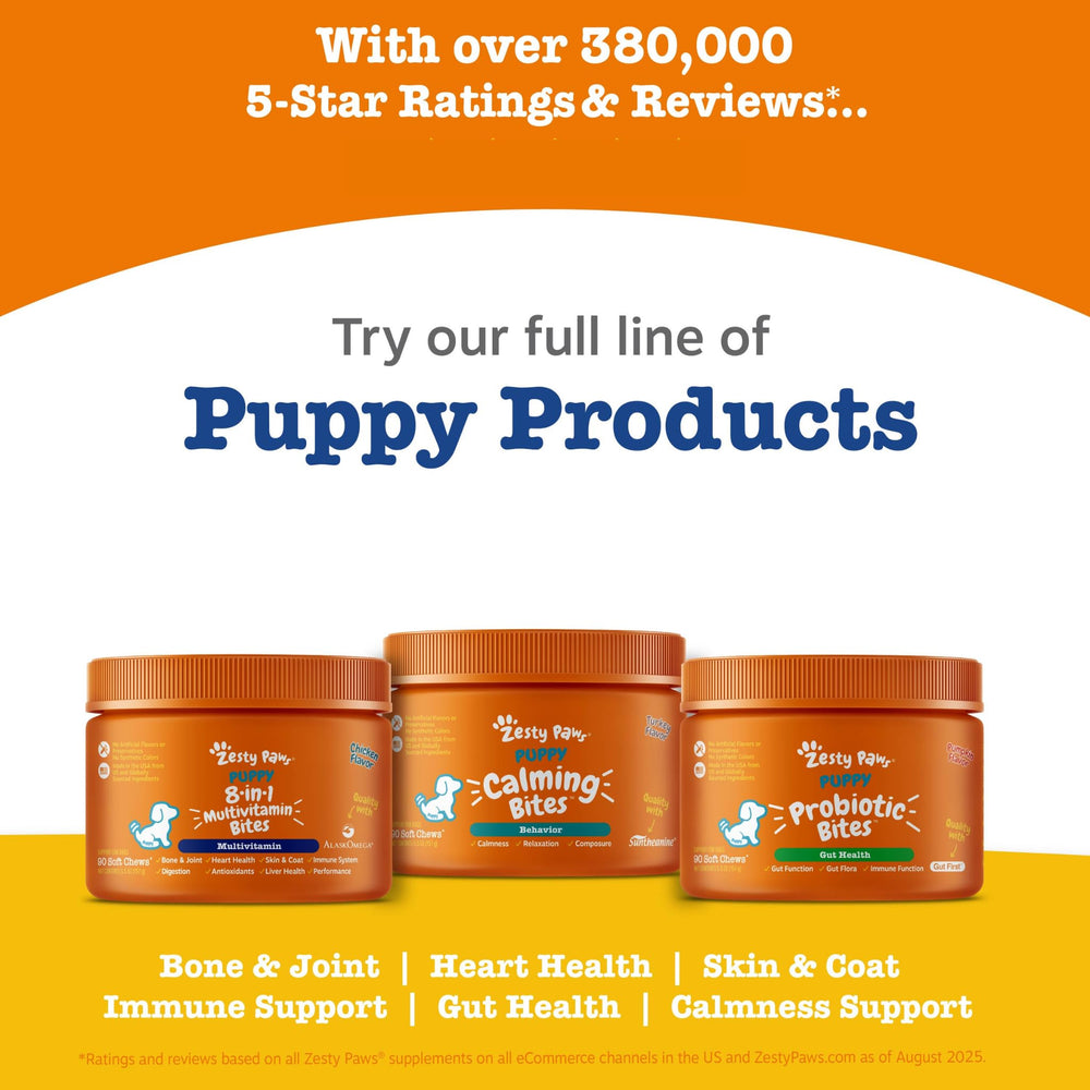 Zesty Paws pour chiot — bouchées multivitaminées adaptées à sa croissance.