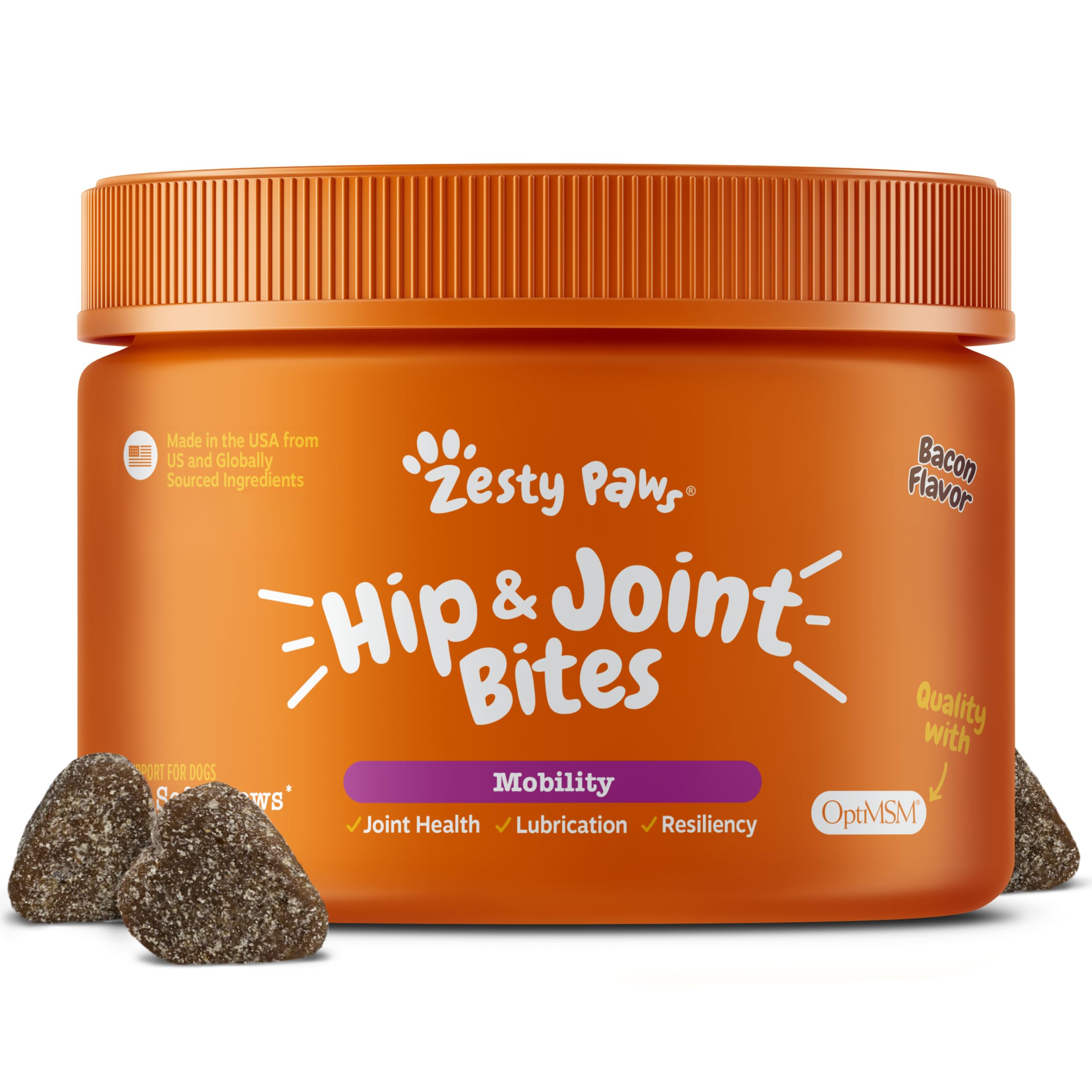 Zesty Paws friandises articulation hanche bacon, soutien mobilité quotidienne.