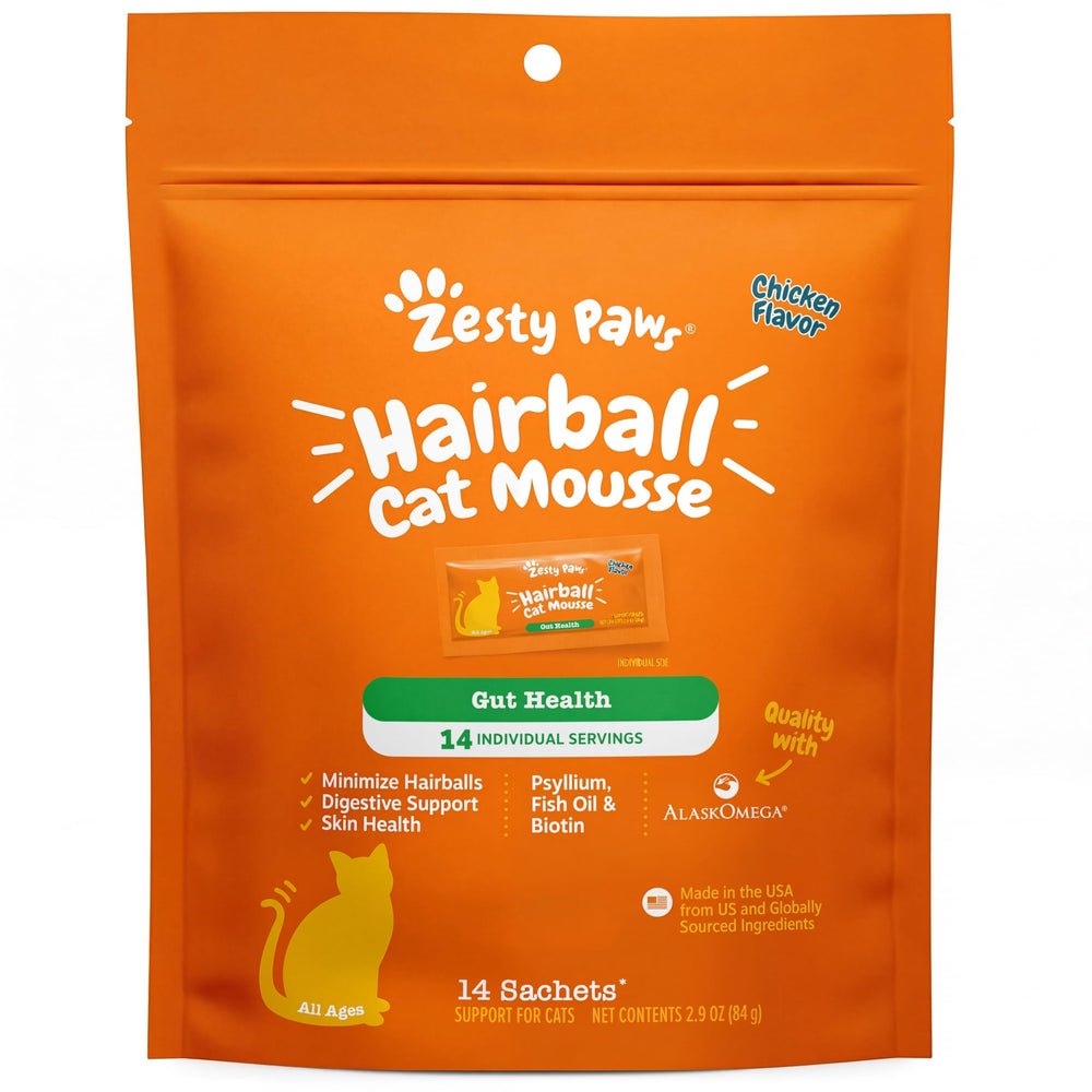 Zesty Paws Hairball Chat Mousse – emballage pratique pour administration facile.