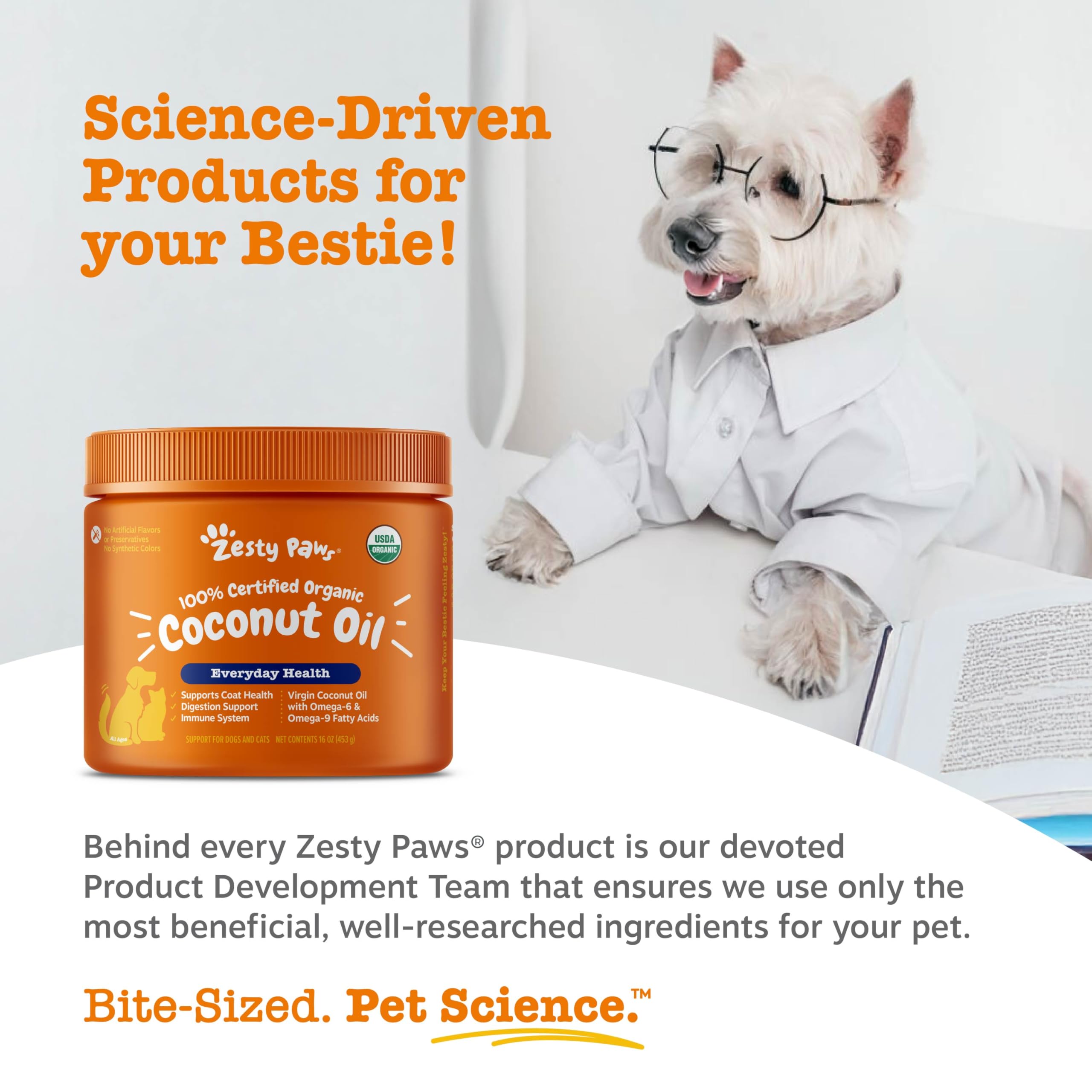 Huile de coco Zesty Paws pour chien, utilisation quotidienne possible.