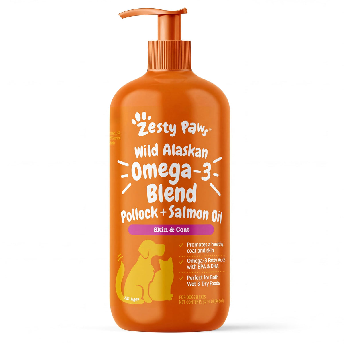 Zesty Paws Huile Oméga-3 Alaska, bouteille avec pompe, soutien potentiel peau et pelage.