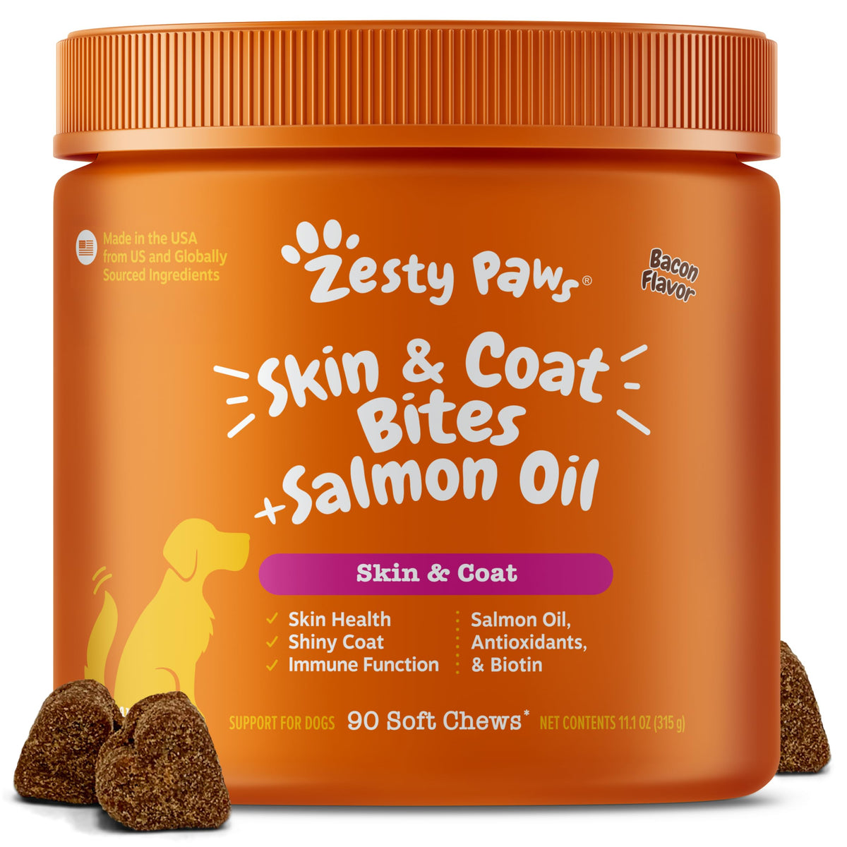 Huile saumon Zesty Paws en bouteille pour chien — soutien peau et pelage.