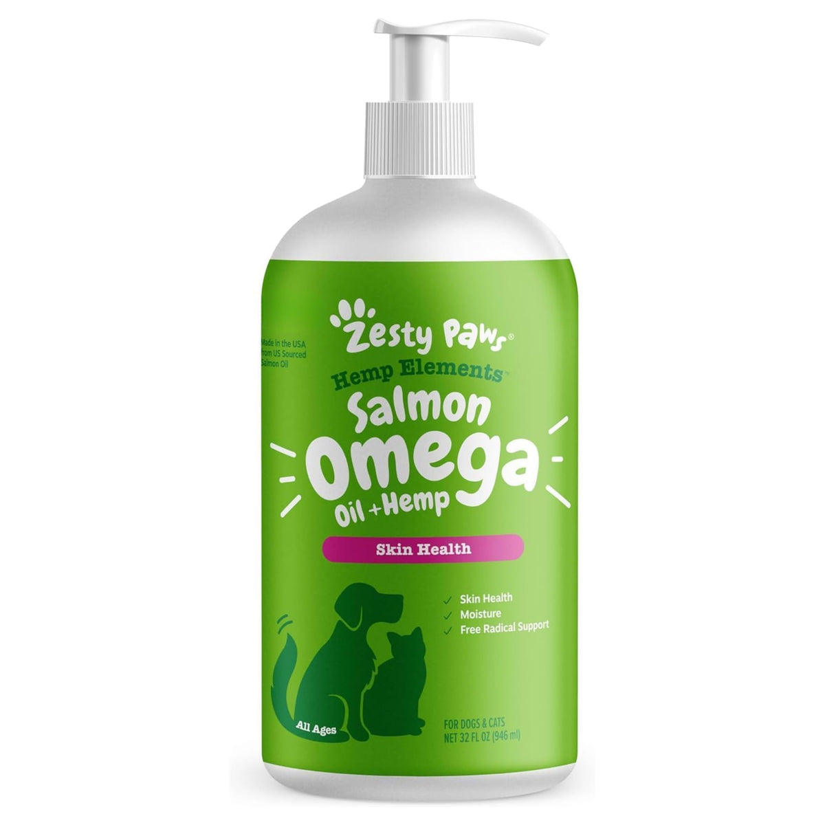 Huile Zesty Paws saumon sauvage en bouteille pour peau et immunité.