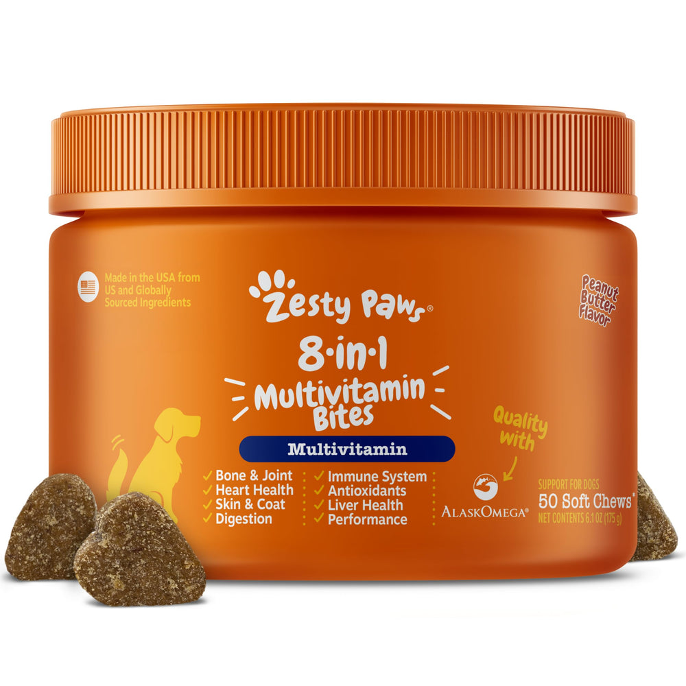 Zesty Paws – bouteille de multivitamines chien, soutien global pour chiens actifs.