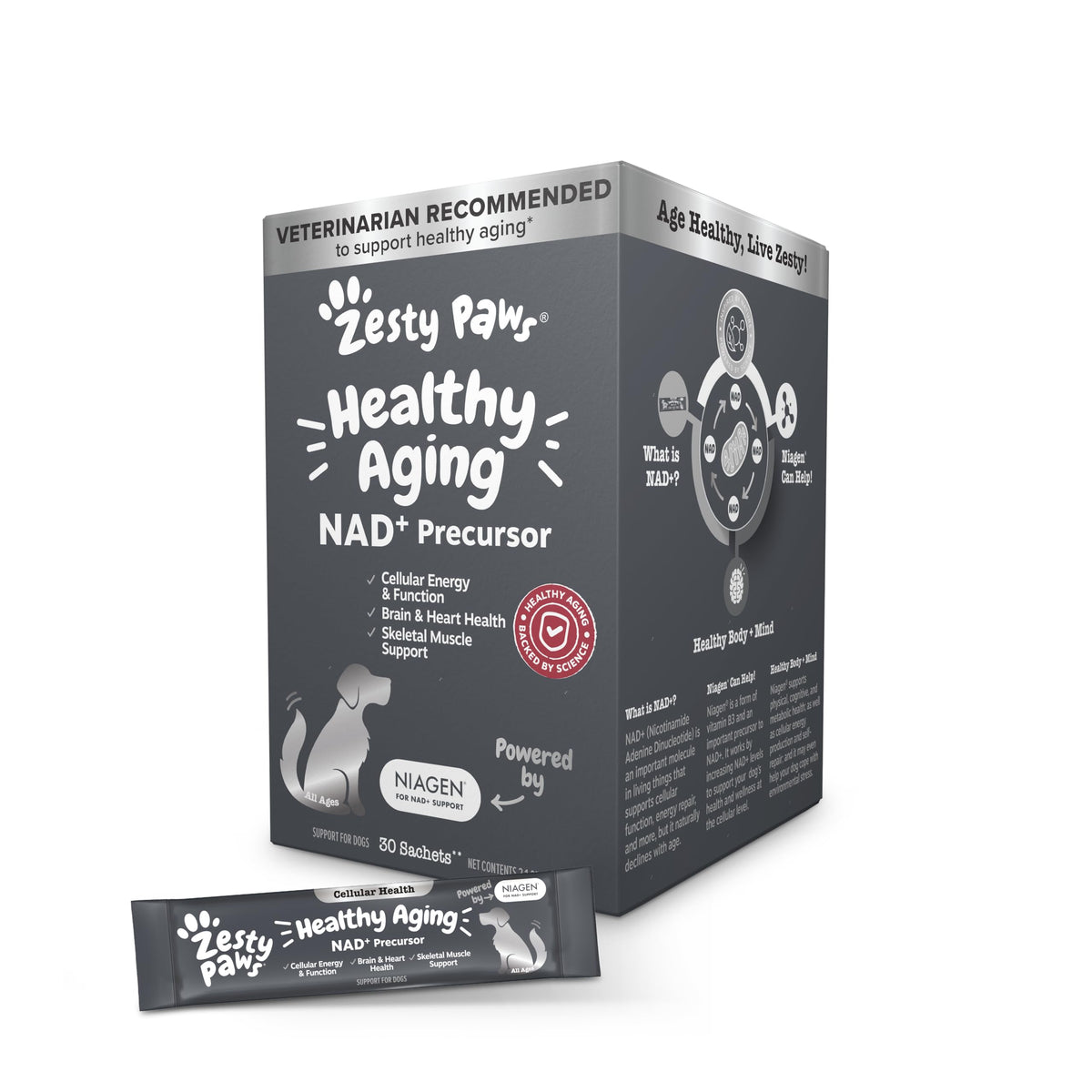Zesty Paws NAD+ précurseur, sachet poudre pour chien, soutien potentiel énergie