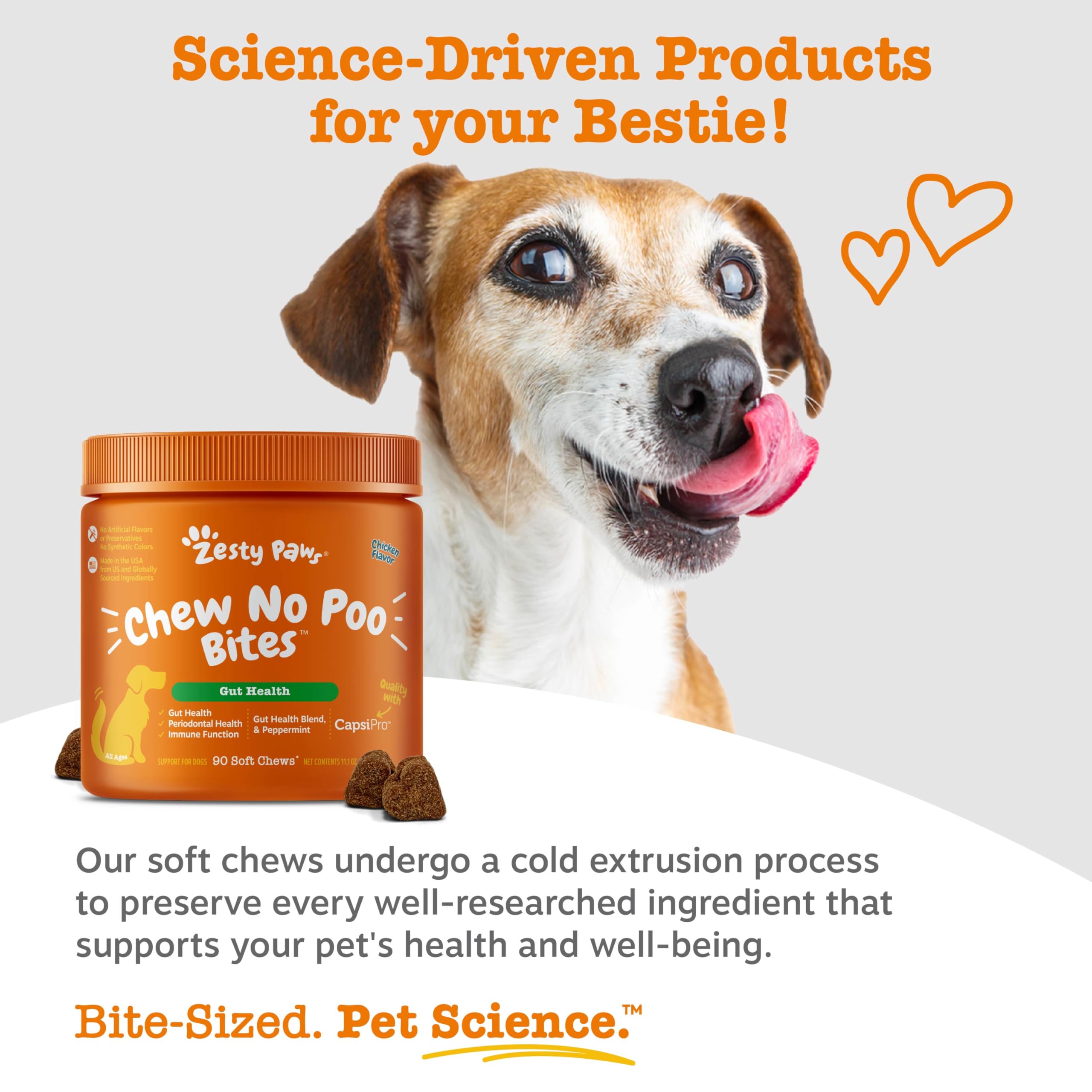 Flacon Zesty Paws No Poo Bites – étiquette claire et dose journalière pratique.