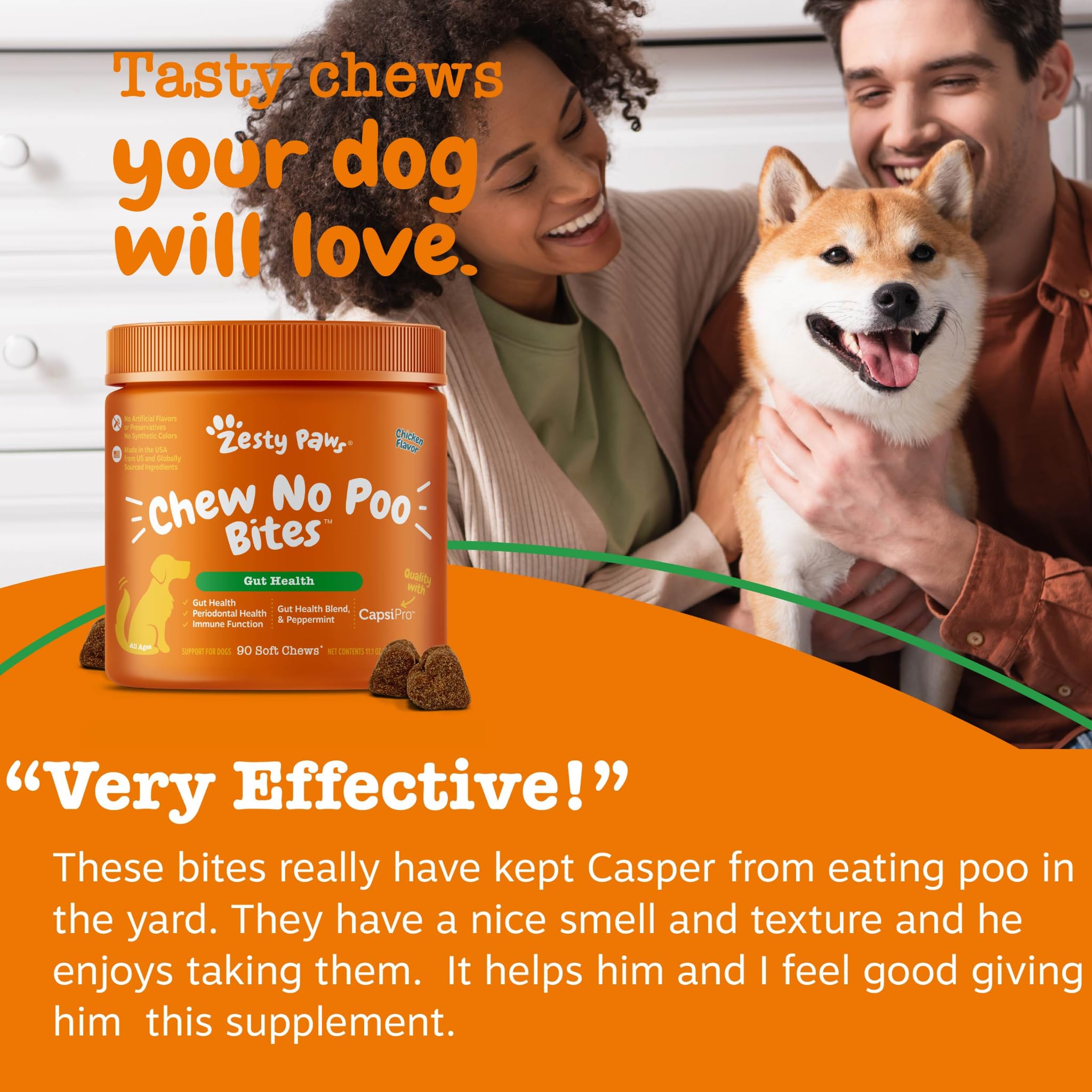 Ingrédients Zesty Paws No Poo Bites – probiotiques et enzymes pour l’équilibre intestinal.