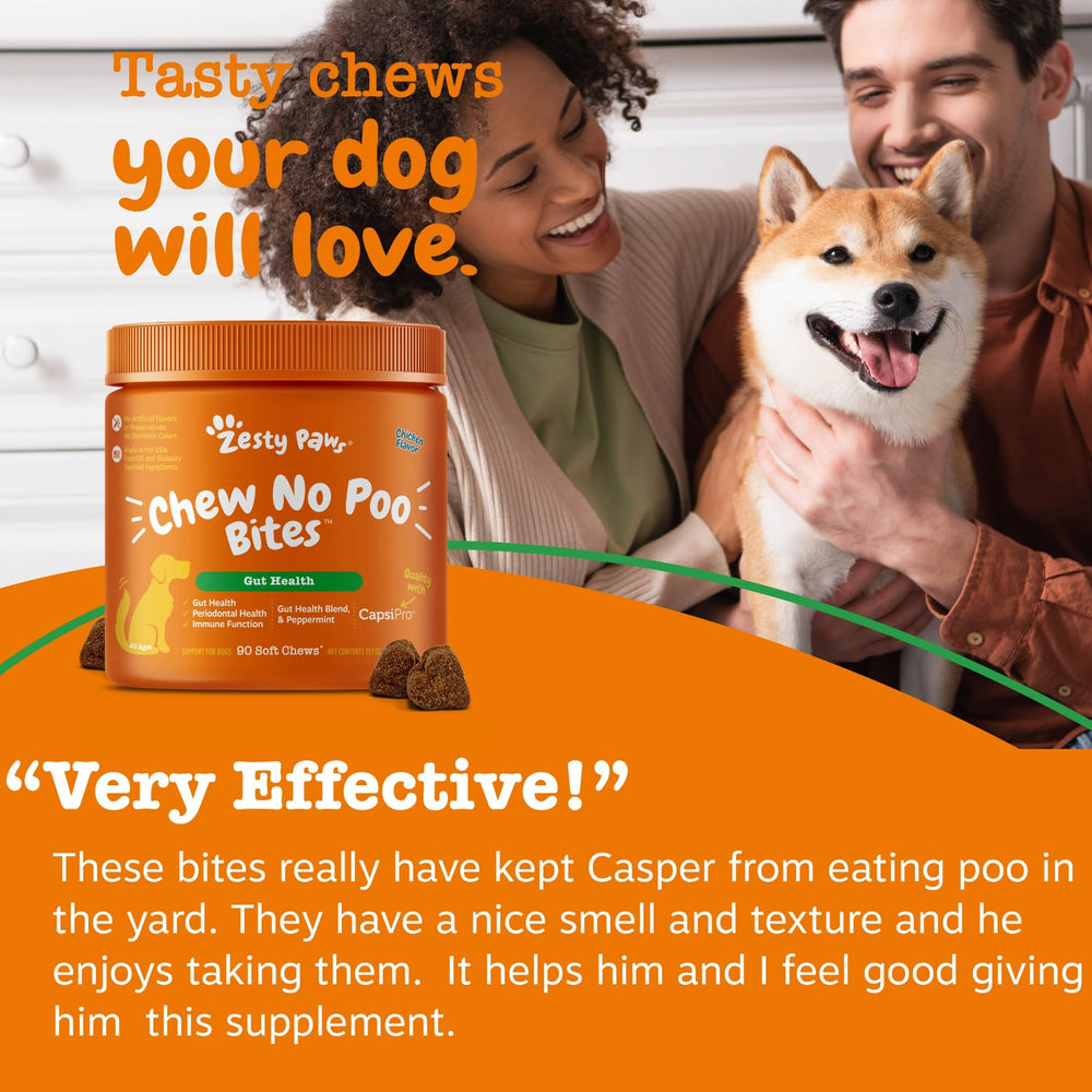 Ingrédients Zesty Paws No Poo Bites – probiotiques et enzymes pour l’équilibre intestinal.